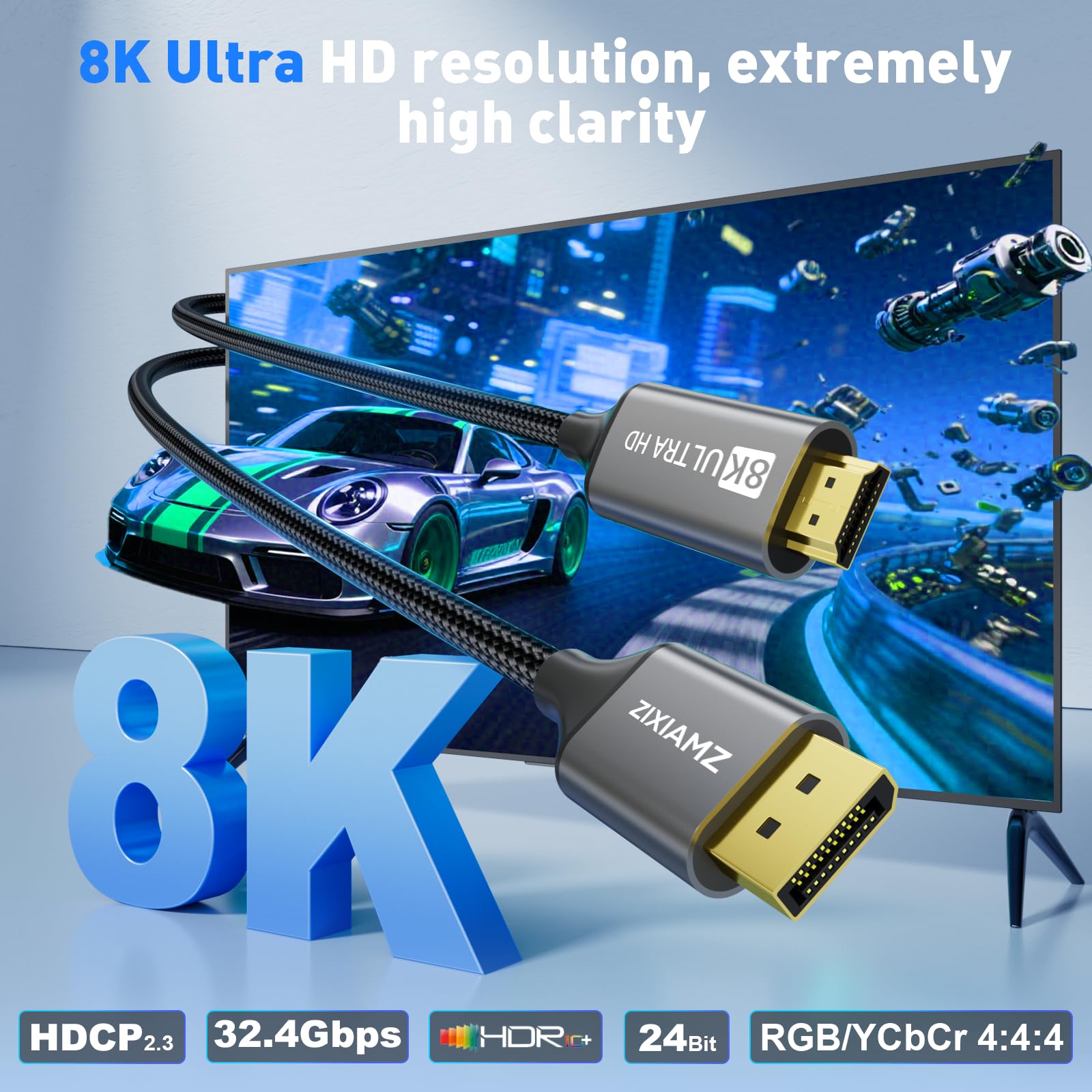 Cable 8K DisplayPort 1.4 a HDMI 2.1 de 10 pies (8K a 60Hz, 4k a 120Hz, 2K a 144Hz) cable trenzado unidireccional DP a HDMI compatible con puerto de pantalla HDCP 2.3 HDR10 para AMD, NVIDIA