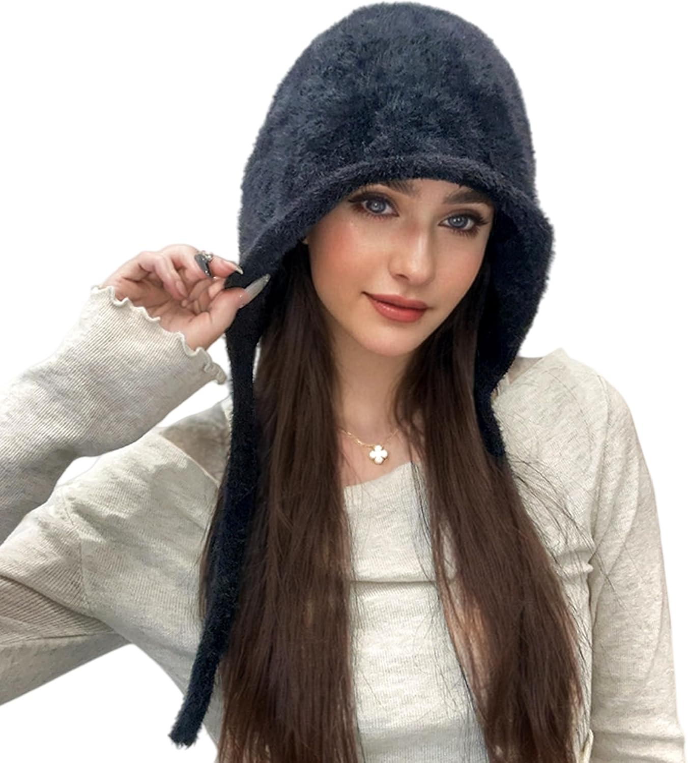 Y2K Cute Fluffy Beanie Hats for Women Girls Warm Faux Fur Winter Earflap Hat Tie Pullover Hat