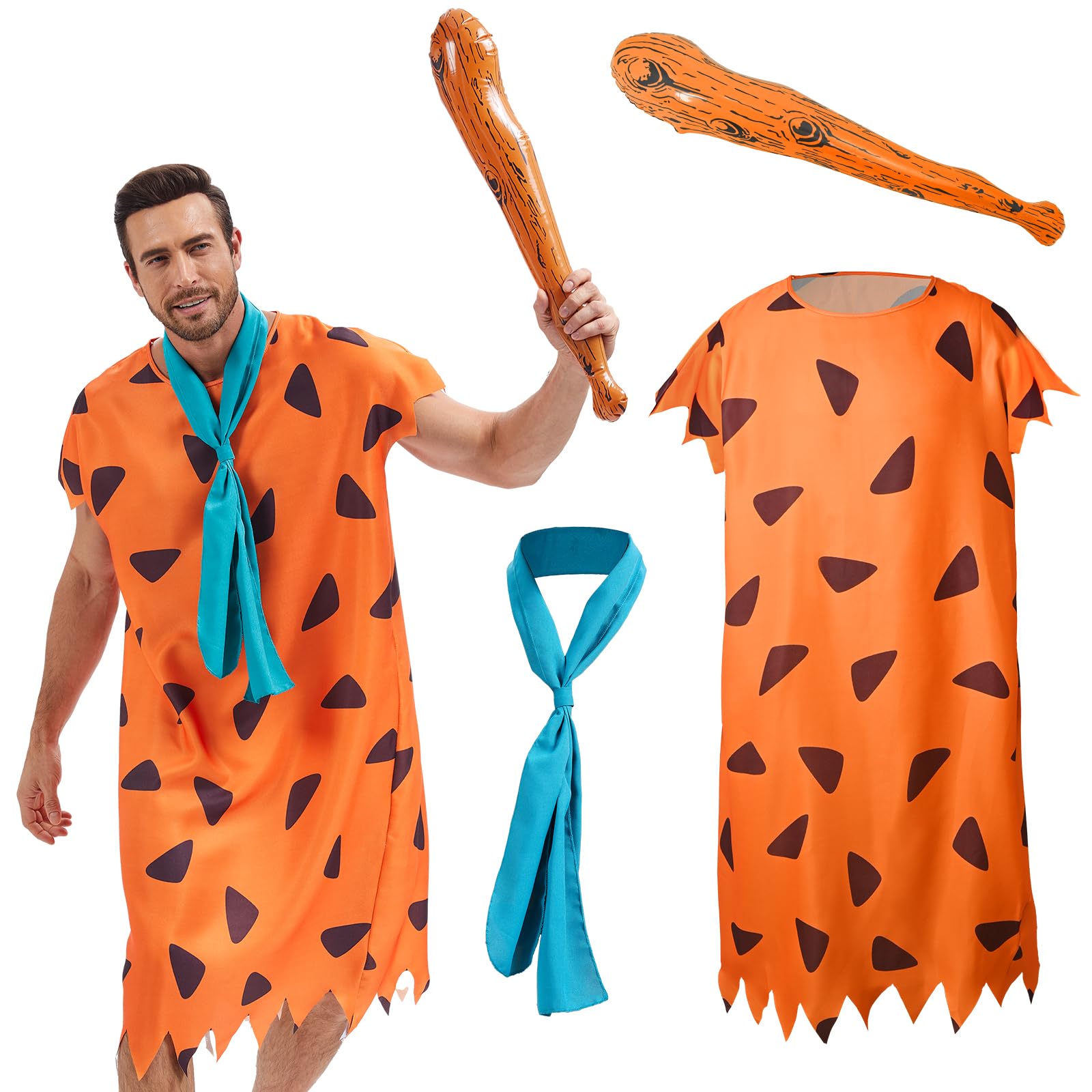 AKFJDLAD Halloween Adult Caveman Cosplay Costume Prehistoric Stone Age Orange Print Tunic Costume with Sticks (S)