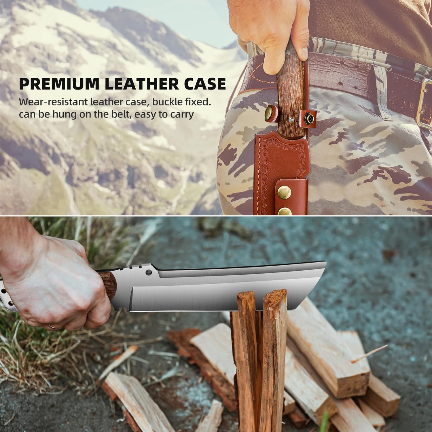 Machete with Sheath for Cutting Trees Heavy Duty, for Yard Work and for Bushcrafting Knife Sickle for Clearing Brush Garden Tools Construction Blade (Yellow Chicken Wing Wood Handle)