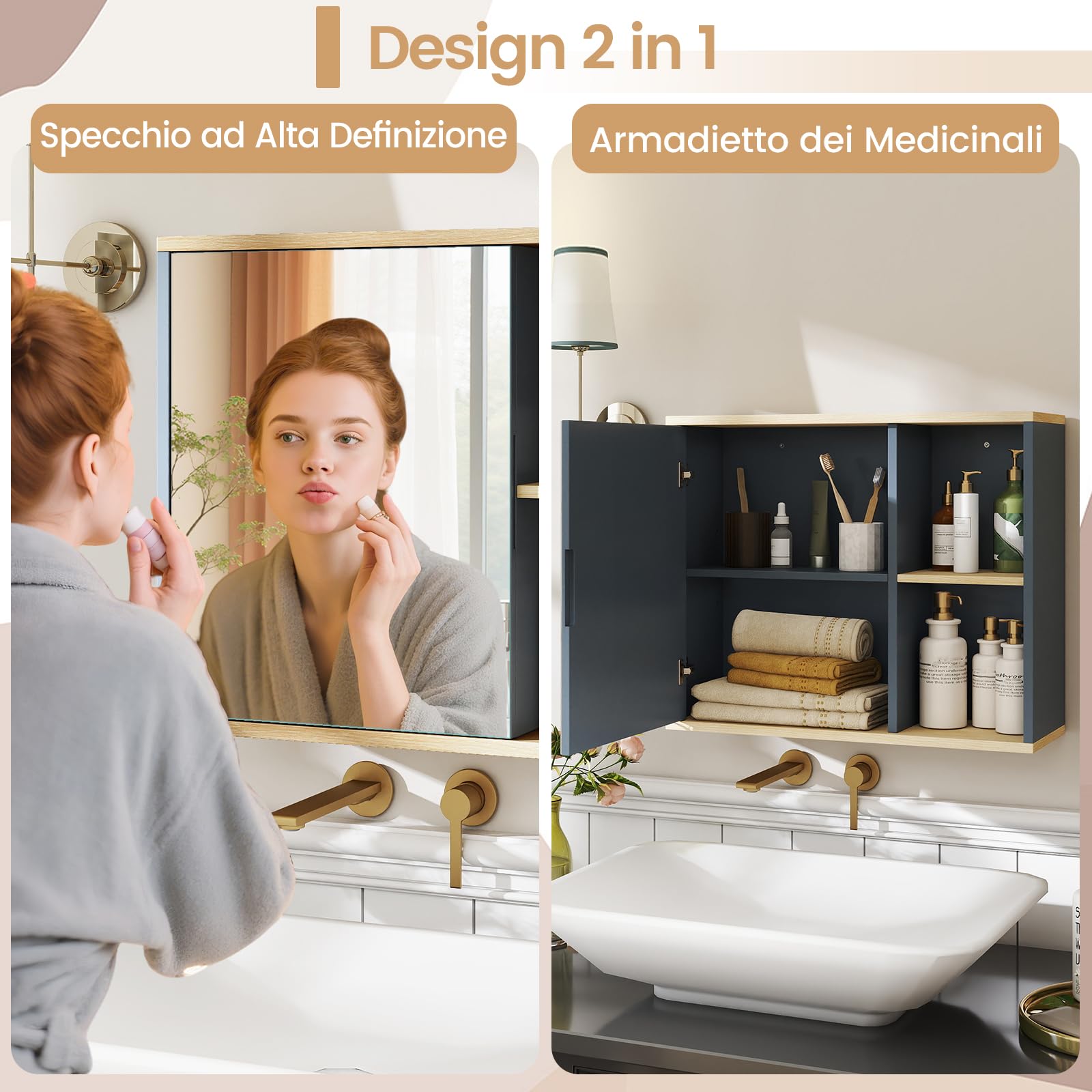 COSTWAY Armadietto Specchio Bagno, Specchiera Bagno da Parete con Porta Specchiata, Ripiano Regolabile e Scomparti Laterali Aperti, Specchio Contenitore Salvaspazio per Soggiorno 60 x 20 x 50 cm