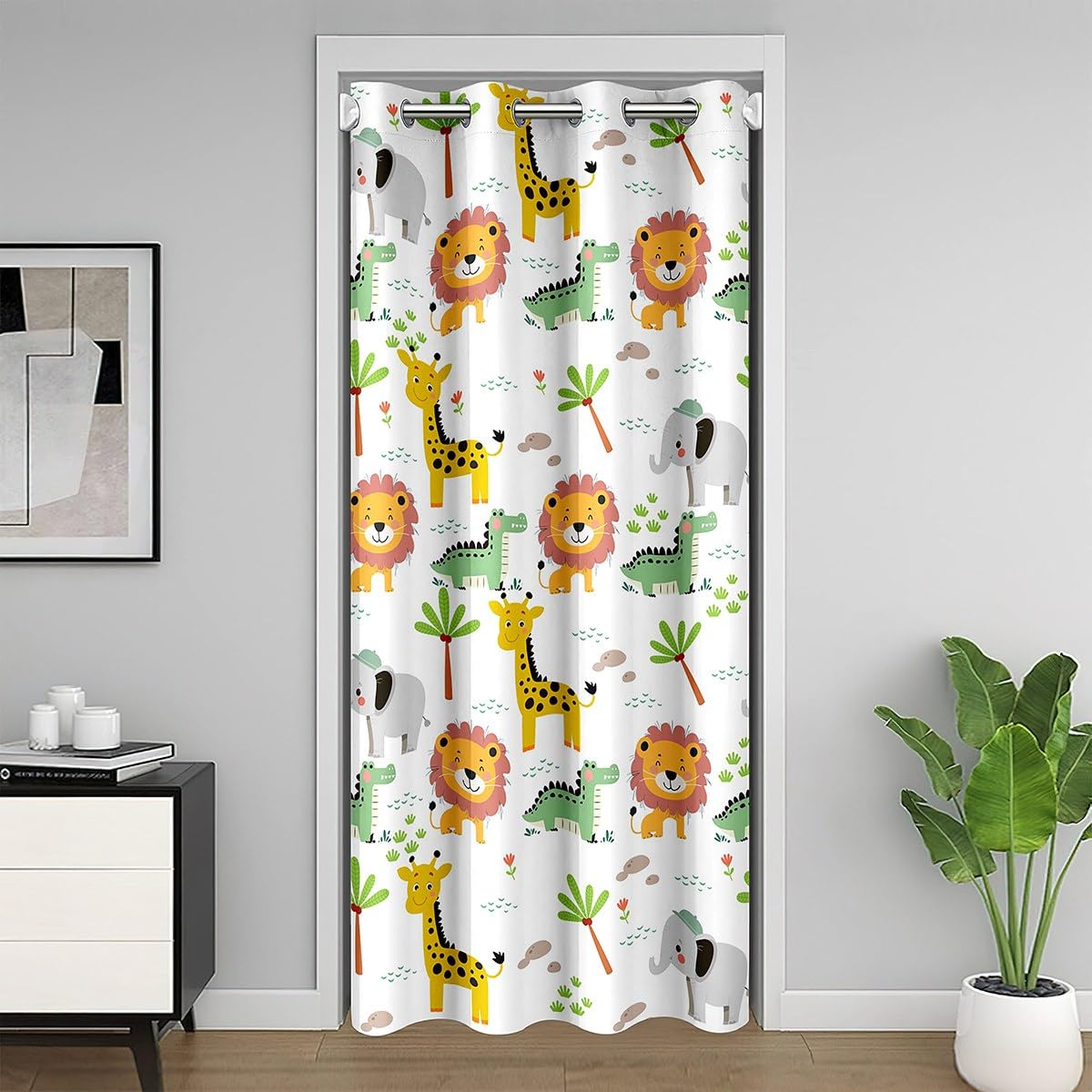 Loussiesd Cute Cartoon Animals Door Curtain for Doorway Privacy 132x213cm 1 Panel Lion Elephant Giraffe Crocodile Closet Cover Boys Girls Zoon Animals Room Divider Curtain Washable Wildlife Bedroom