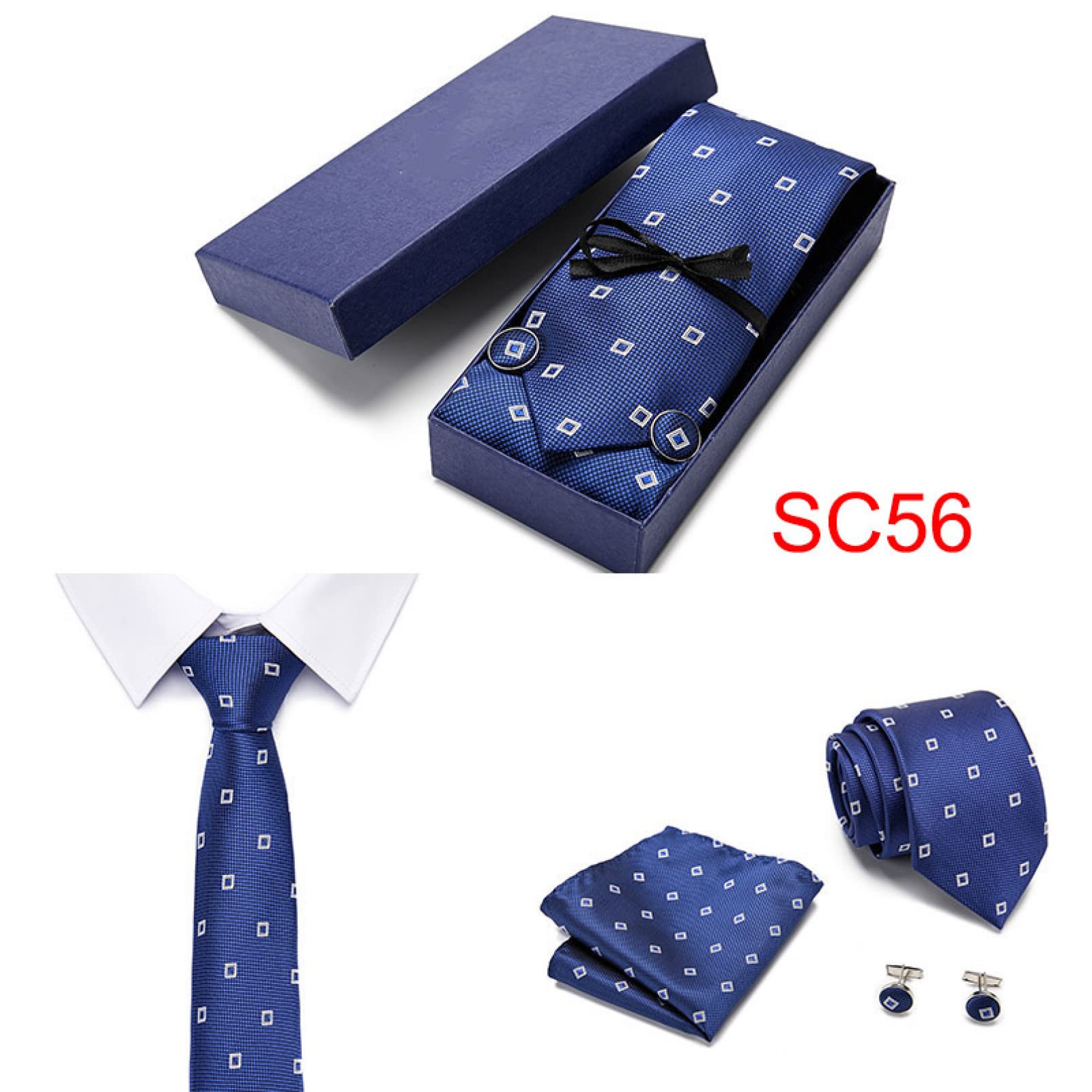 BAJIE Herren Krawatte Blau Polka Dot Seidenkrawatte 7,5 cm Herren Krawatte Set Grau Blau Rosa Rot Floral Herren Krawatte Hochzeitskrawatte Einstecktuch Manschettenknöpfe