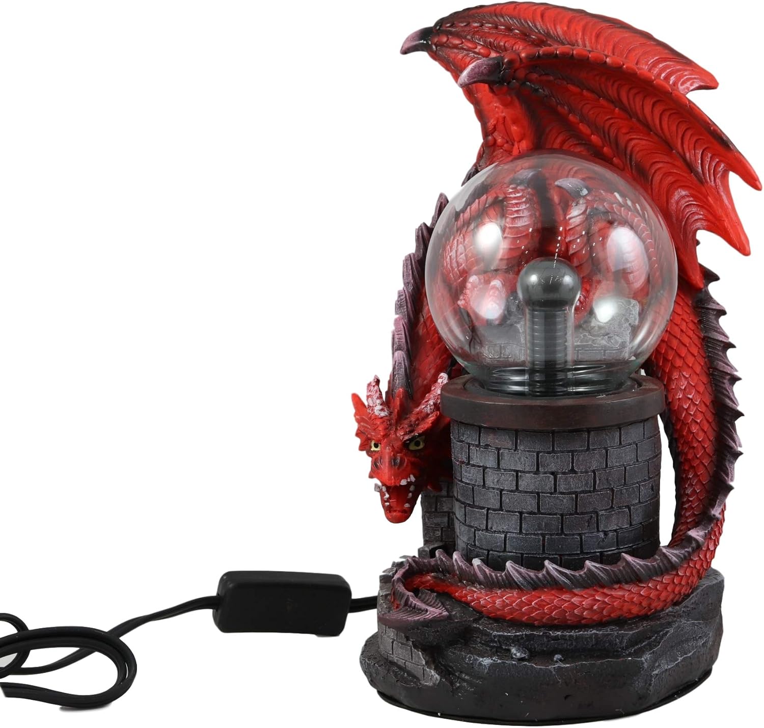 Ebros Large Dungeons and Dragons Red Fire Dragon Guarding Castle with Electric Plasma Sphere Ball Lamp Statue 11" Tall AC Powered Flashing Bolts Raging Lightning Lights Medieval Renaissance Decor