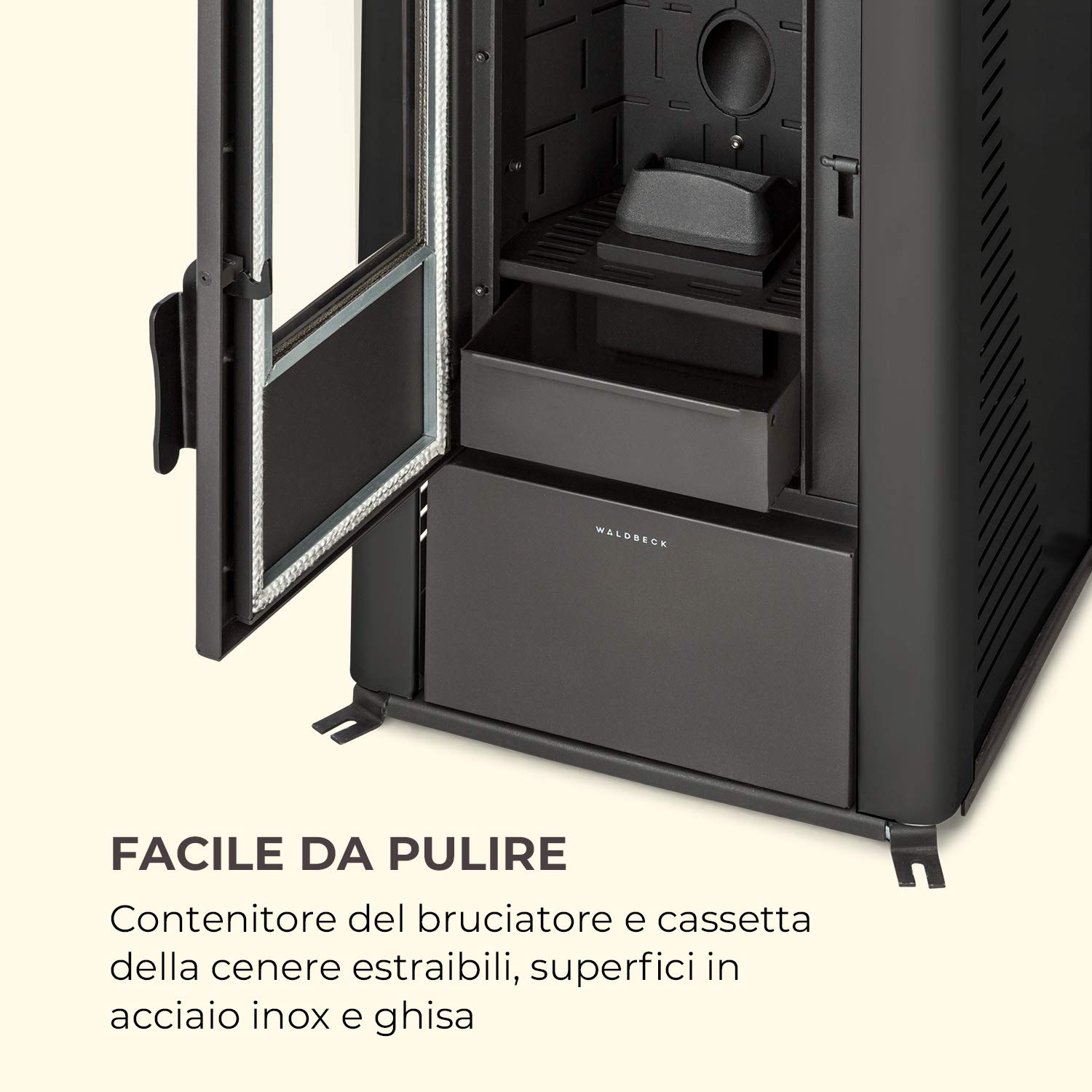 Waldbeck Energiewende - Stufa a Pellet, 5/10 kW, 5 Livelli di Potenza/5 Velocità, Timer, Capacità: 18kg, Consumo: 0,6-2,0 kg/h, per 60-250 m³, Stufe a Pelet, Pannello di Controllo con Display, Nero