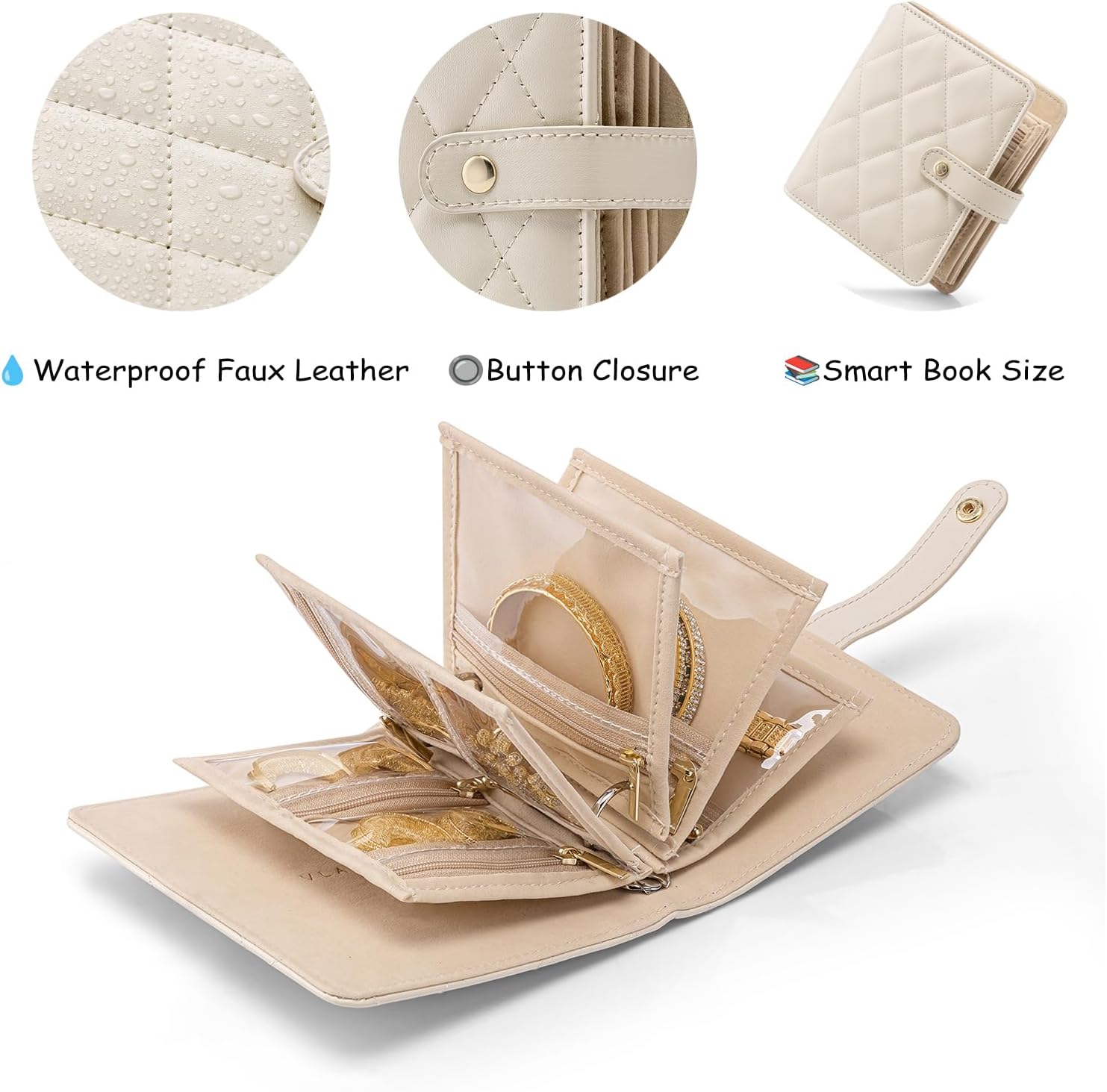Vlando Small Jewelry Book Organizer - Leather Travel Jewelry Case with 5 Detachable Pages for Necklaces, Rings, Earrings, Tangle-Free, Giftable, Offwhite - Image 2