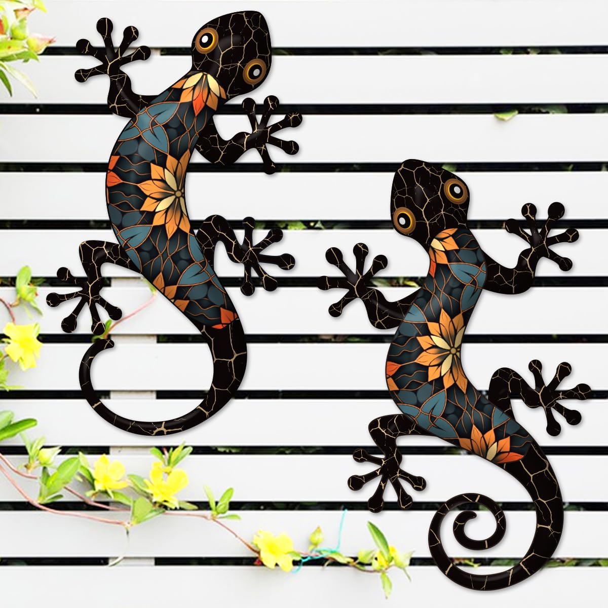 Metal Gecko Outdoor Wall Art, 2 Pcs 11.8 inch Gecko Wall Hanging Sculpture Decorations for Indoor or Outdoor, Garden Yard Fence Balcony Porch Home Wall Decor, Black Metal Wall Art Decor