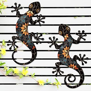 Metal Gecko Outdoor Wall Decorations, 2 Pcs 11.8 inch Gecko Wall Hanging Sculpture for Garden Yard Fence Balcony Porch Home Wall Decorations, Black Metal Wall Art Decor