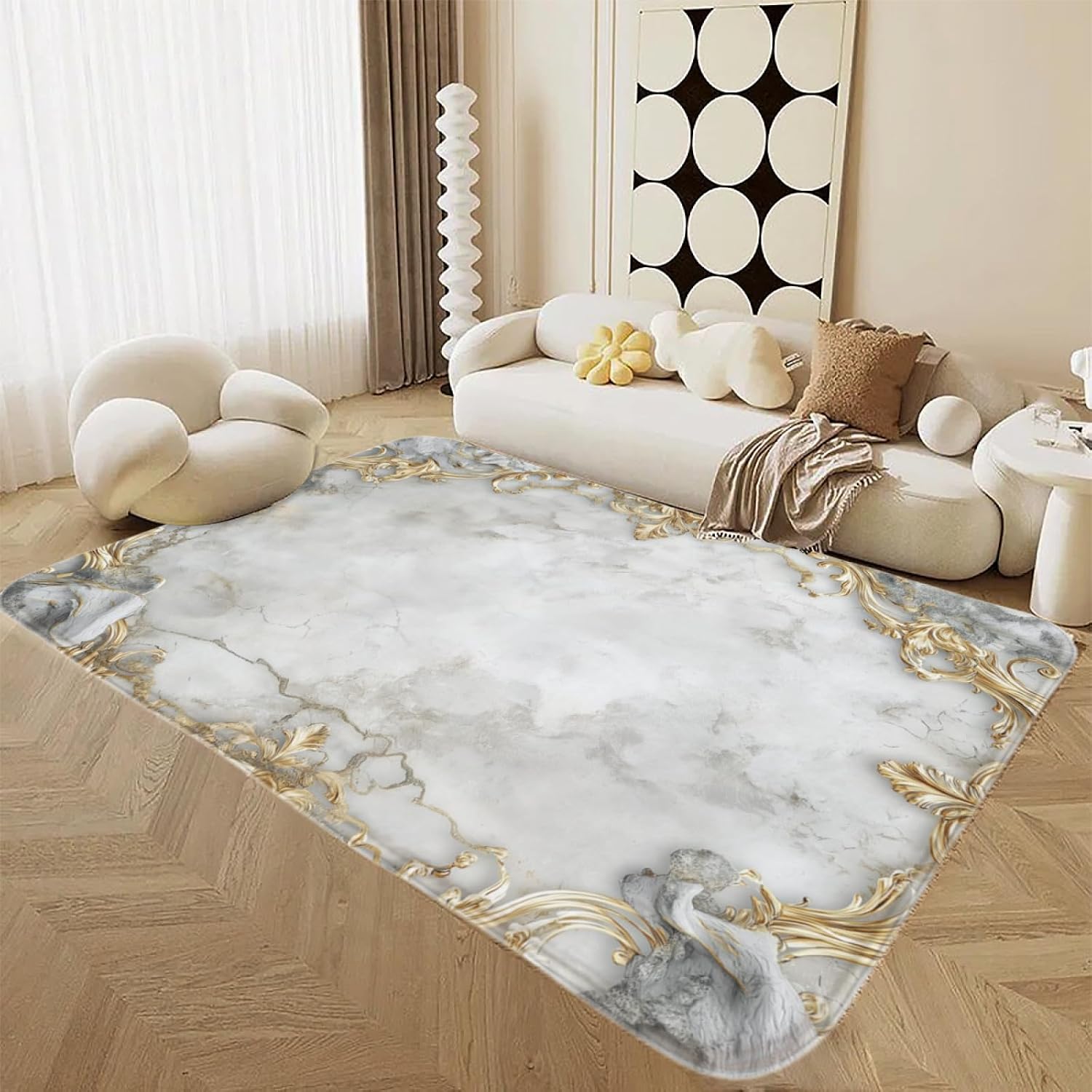 Living Room Non-Slip 4.5x6 Feet Indoor Vintage Nordic Gold Texture Large Carpet for Bedroom Dining Room Home Office Machine Washable Carpet for Kids Bedside Room Decoration