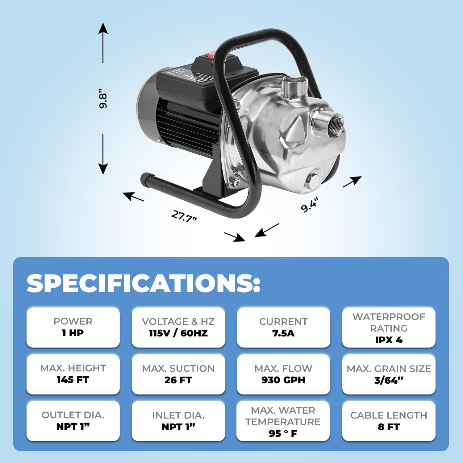 Image displaying key specifications of the XtremepowerUS 1HP Portable Shallow Well Pump, such as power, voltage, current, and flow rate.