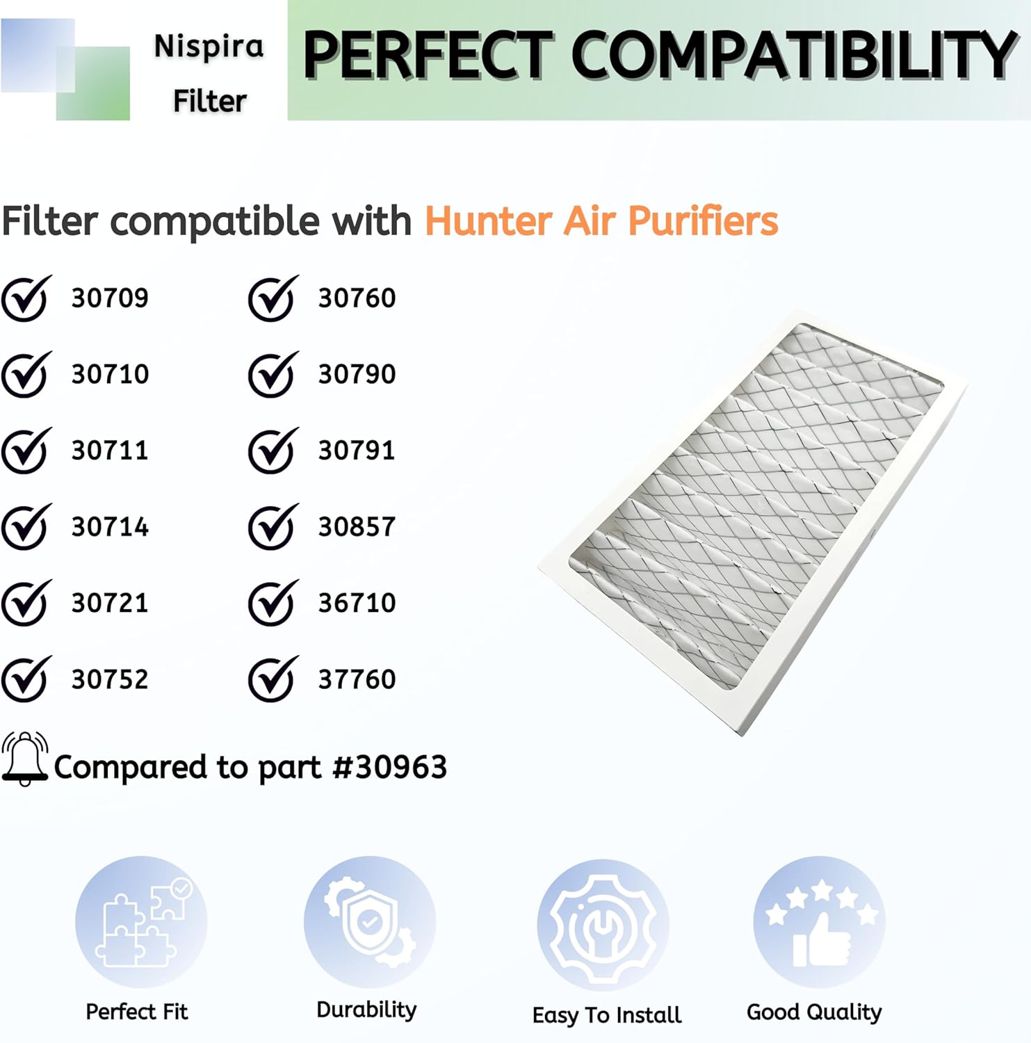 Nispira 30963 Hepatech Filter Replacement Compatible with Hunter Air Purifier 30709, 30710, 30711, 30714, 30721, 30752, 30760, 30790, 30791, 30857, 36710, 37760. 2 Packs - Image 3
