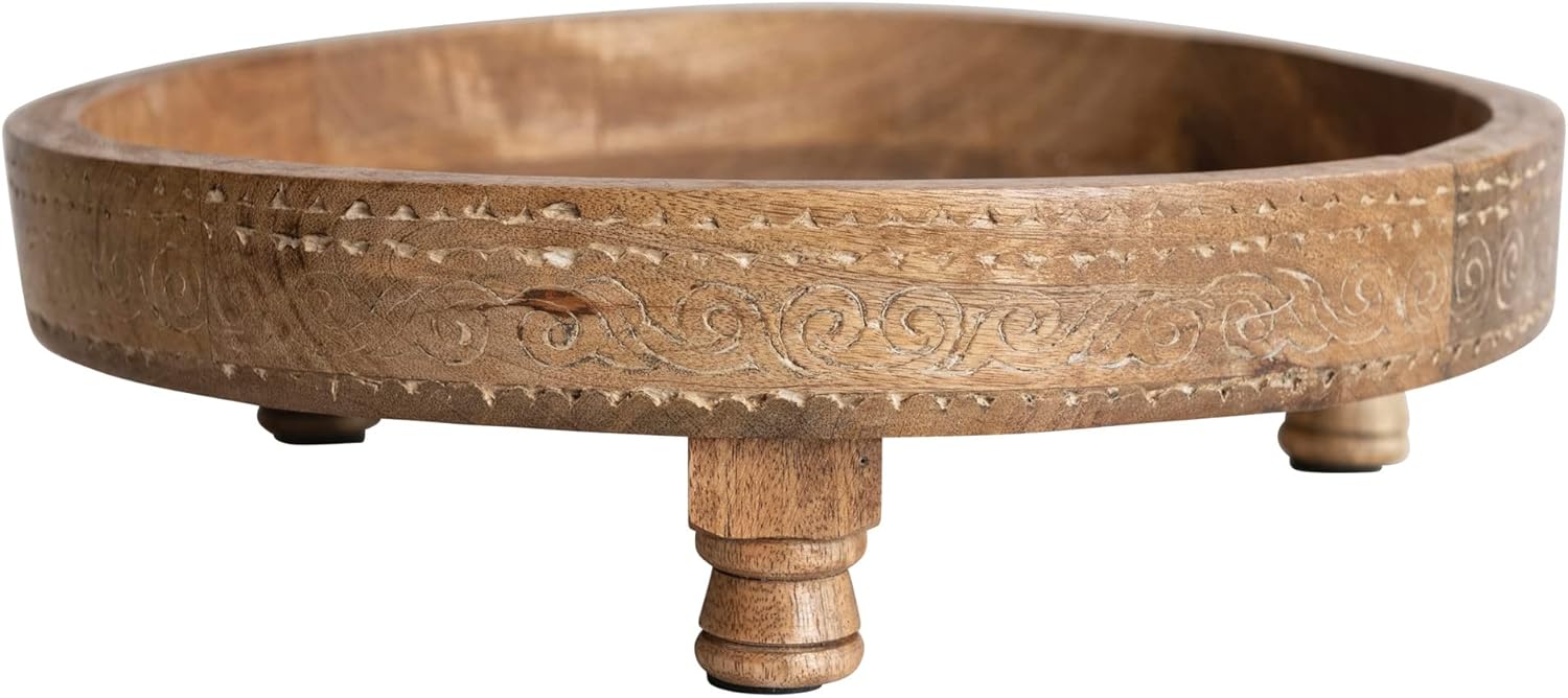 Boho Footed Wood Tray with Carved Design, Natural