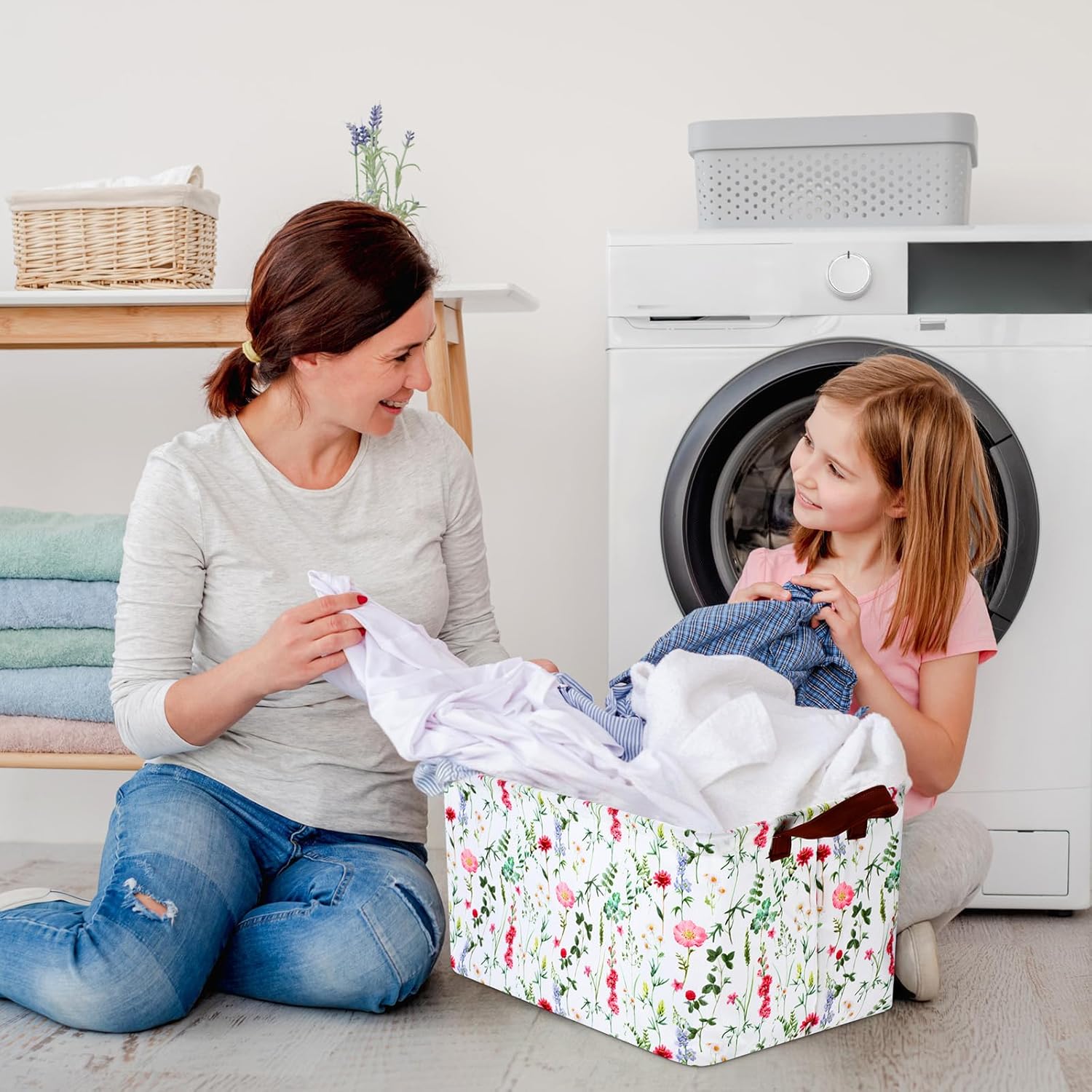 Vesici 6 Pack Large Spring Wildflowers Baskets for Gifts Empty Flower Storage Bins Foldable Floral Storage Basket Rectangular Canvas Boxes with Handle for Books Clothes