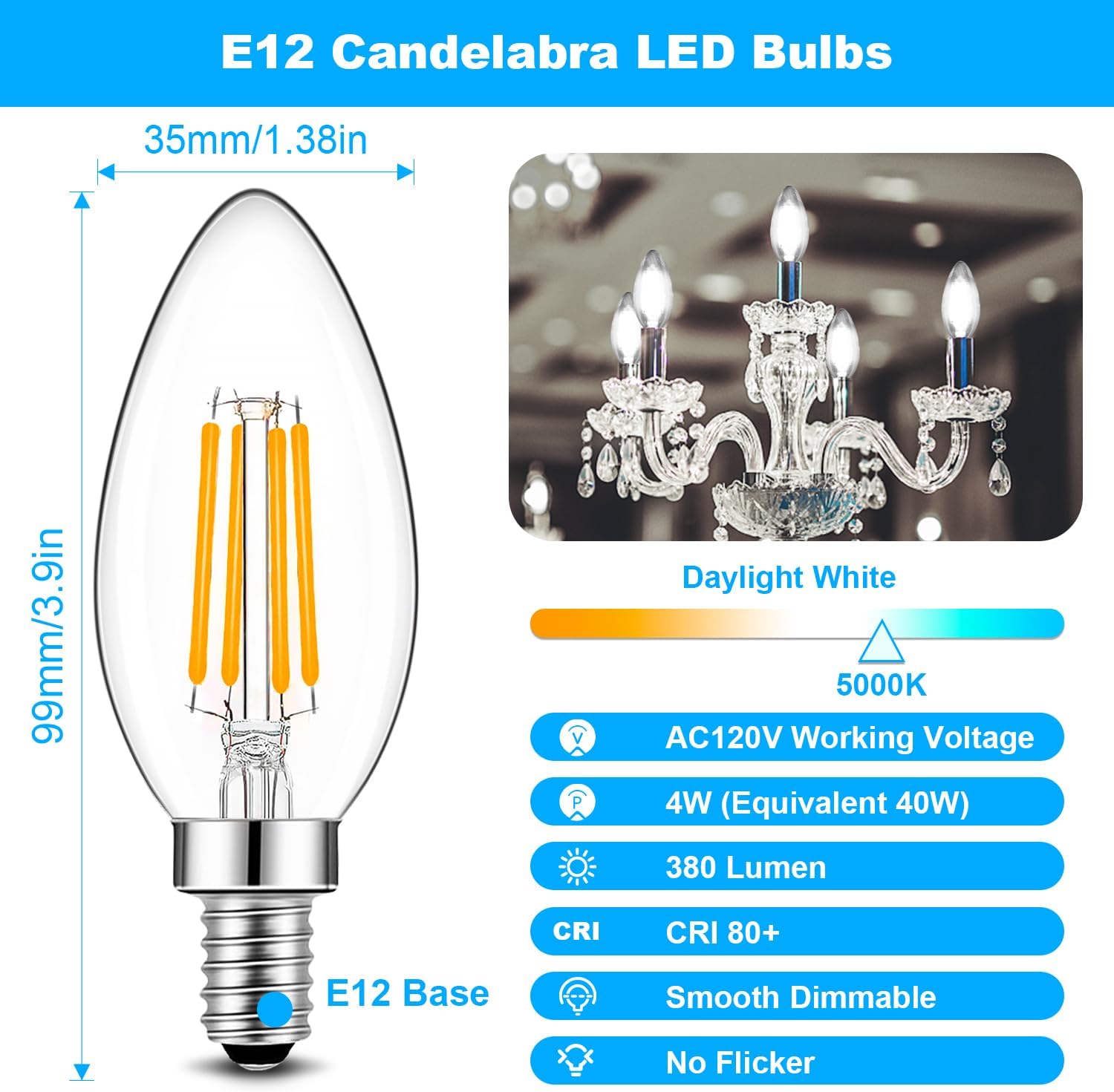 BRIMAX E12 LED Candelabra Bulbs 40W Equivalent,5000K Daylight White, 4W B11 Dimmable Candle Light Bulbs,LED Filament Clear Glass Light Bulbs for Chandelier Celling Fans and Fixtures,Pack of 10