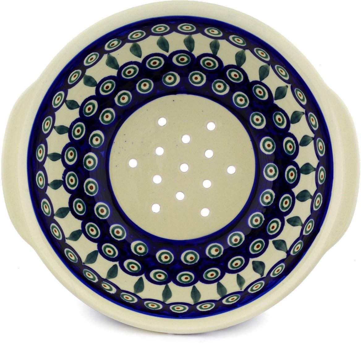 Polish Pottery 10-inch Colander (Peacock Leaves Theme) + Certificate of Authenticity