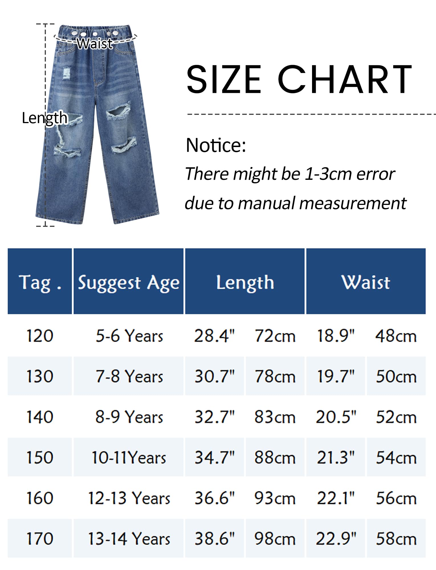 Maeau Jeans strappati a gamba larga per ragazze, pantaloni in denim sfumato, vestibilità larga, pantaloni per il tempo libero, con elastico in vita e tasche, 5-14 anni/altezza 120-170 cm