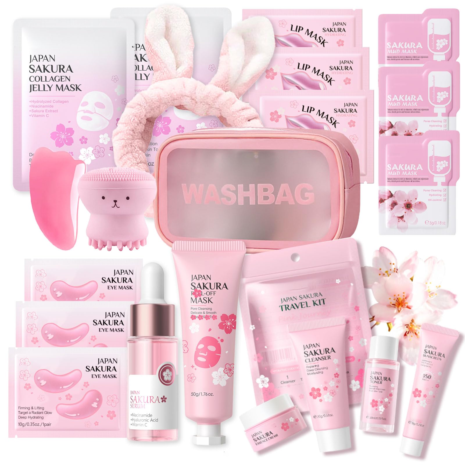 Sakura Gesichtspflege Skincare Set- Beauty Set Mädchen Japan Sakura Skin Care, Collagen Mask, Peeling Mask,Cleanser,Toner,Creme,Sunscreen,Lippenmaske, Pamper Geschenkset Frauen Teenager