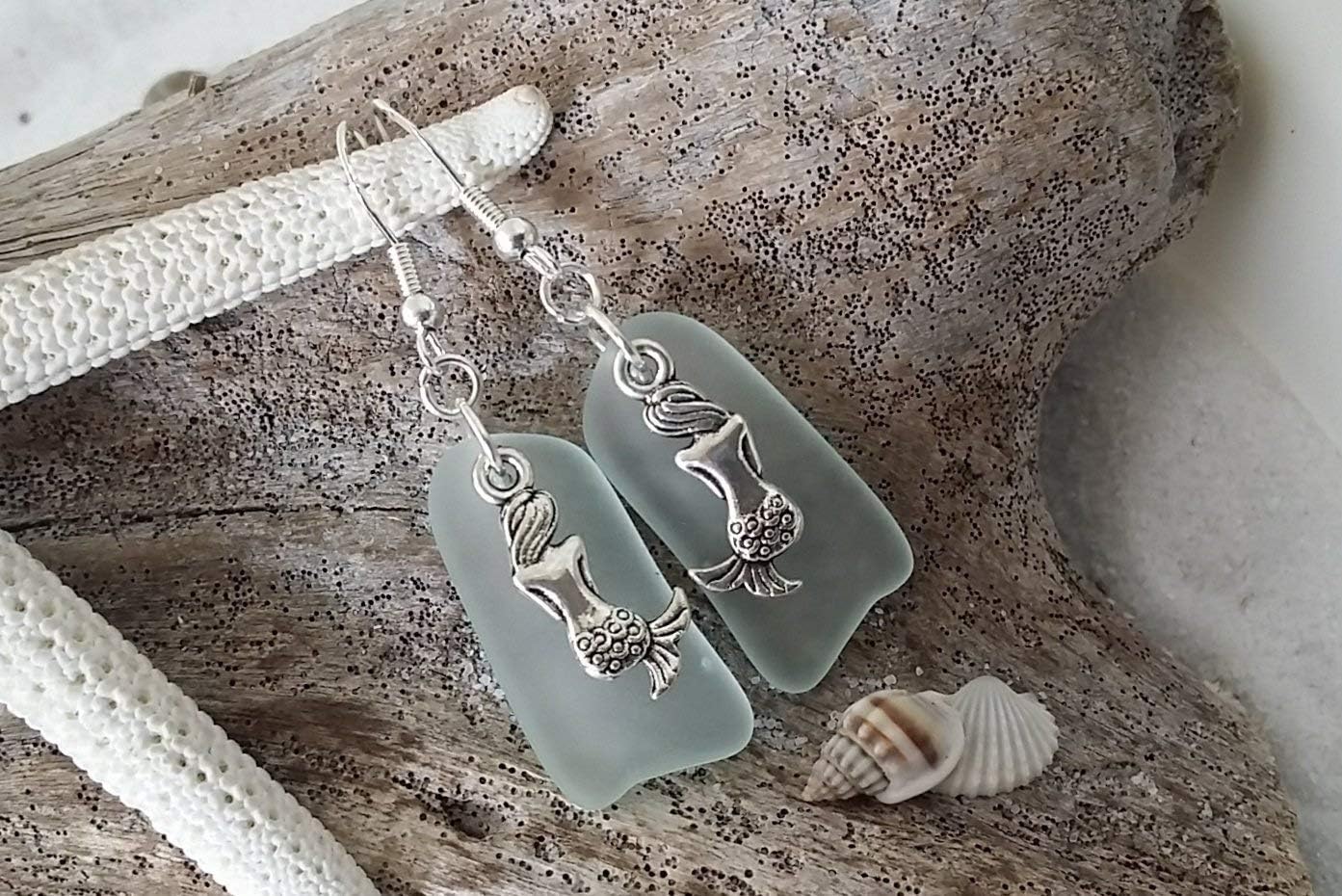 YInahawaii Handmade seafoam sea glass earrings, mermaid charm, (Hawaii Gift Wrapped, Customizable Gift Message)