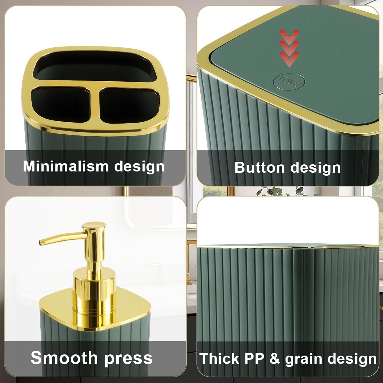 Bathroom Accessories Set-9PC Set, Complete Bathroom Decor & Home Decor, Bathroom Set with Toilet Brush, Trash Can, Soap Dispenser,Modern Home Bath Essentials (Green&Gold, Bath Set)