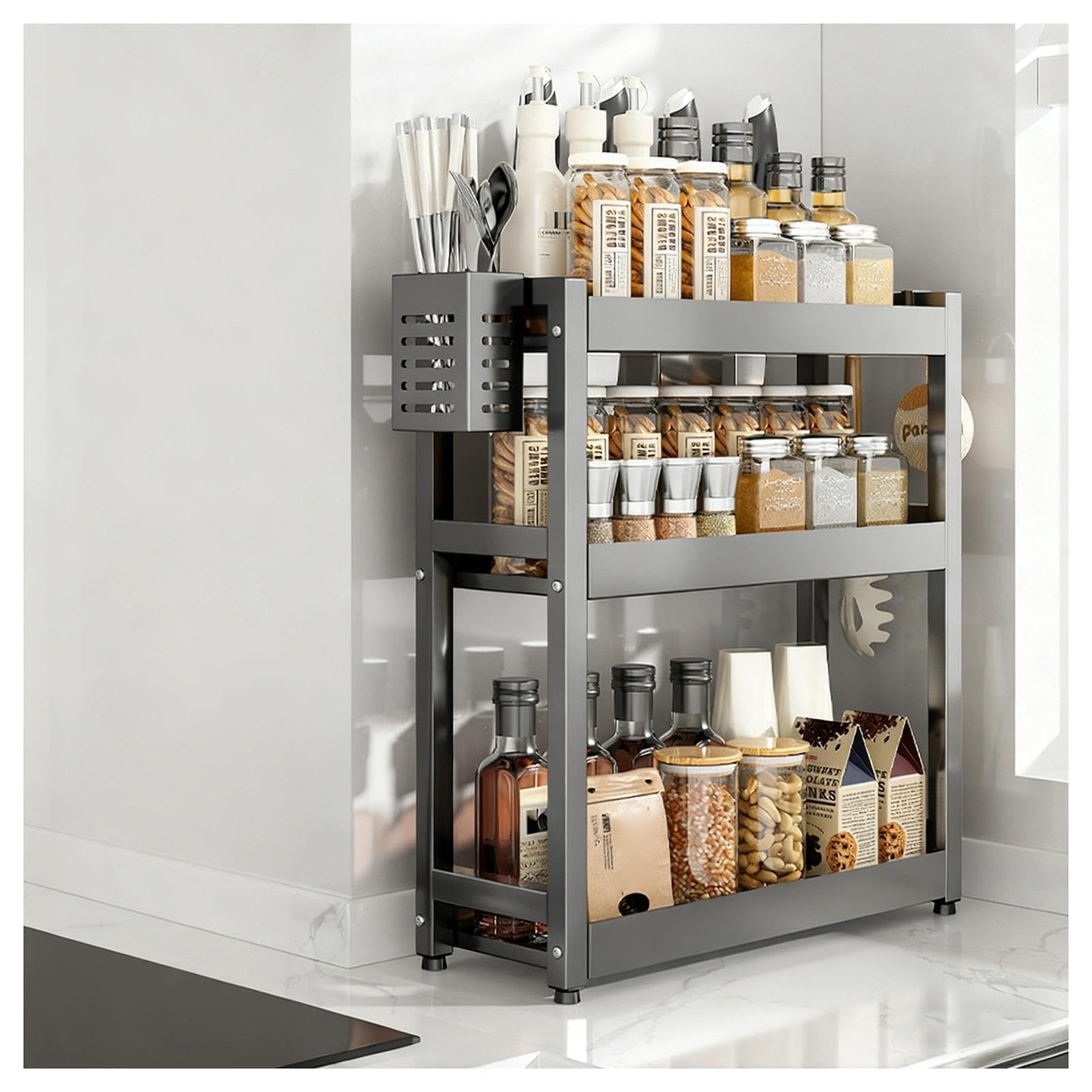 GLJTUO 3-Tier Spice Rack - Standing Desktop Storage Shelf with Hooks & Utensil Holder - Kitchen & Bathroom nization - White, 50cm Countertop Solution for Pantry Storage (Grey 3,Grey-3 Tier-35cm