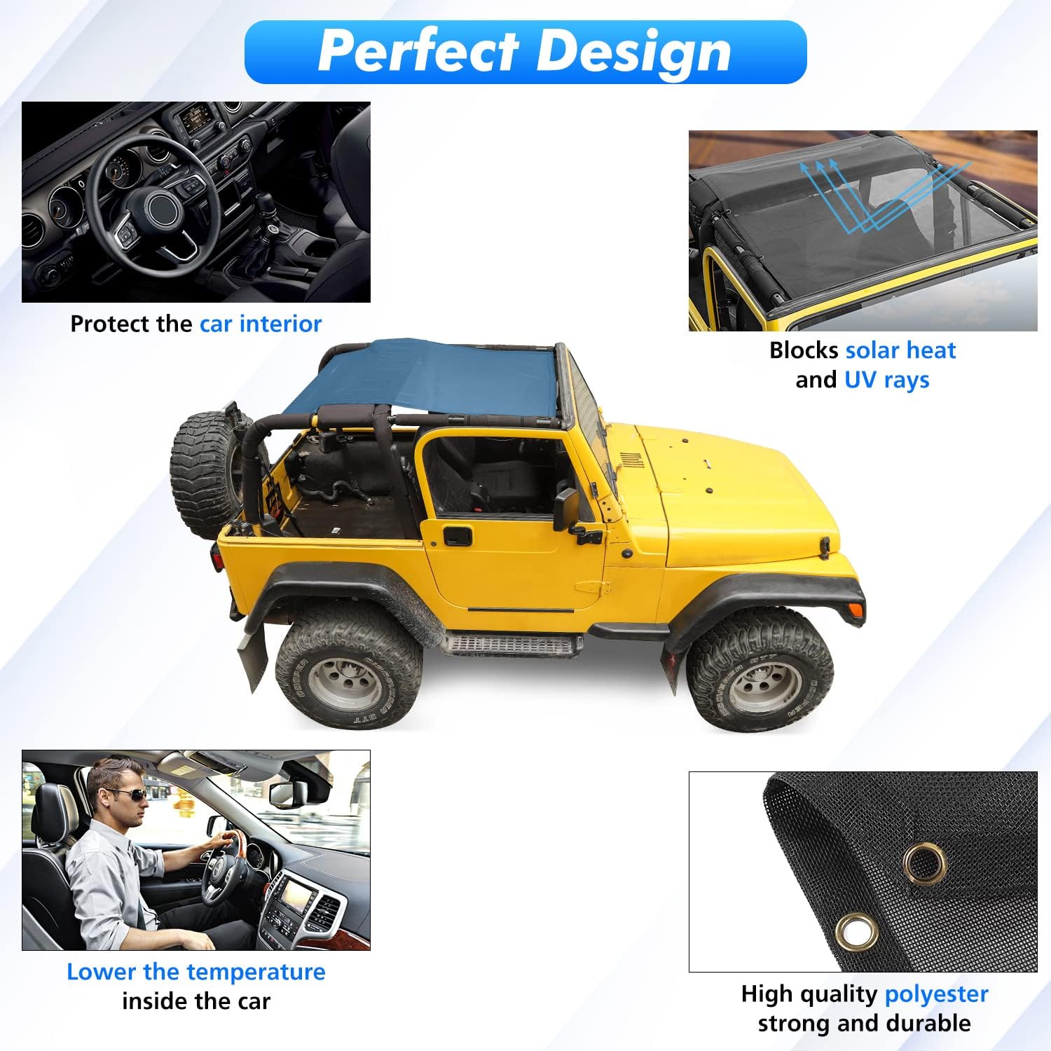 Jimen for TJ Sunshade, Mesh Sun Shade Bikini Top Compatible with Jeep Wrangler TJ 1997-2006 (Black)