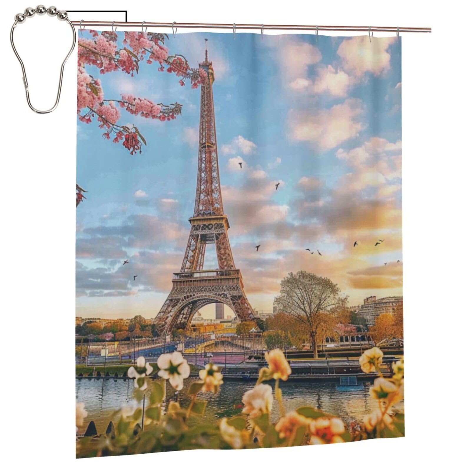 BWWHCCTI paris eiffel tower with flowers Printed Shower Curtain With 12 Iron Hooks Opaque Quick Drying Waterproof Shower Curtains Sets For Bathroom 152x183 Cm