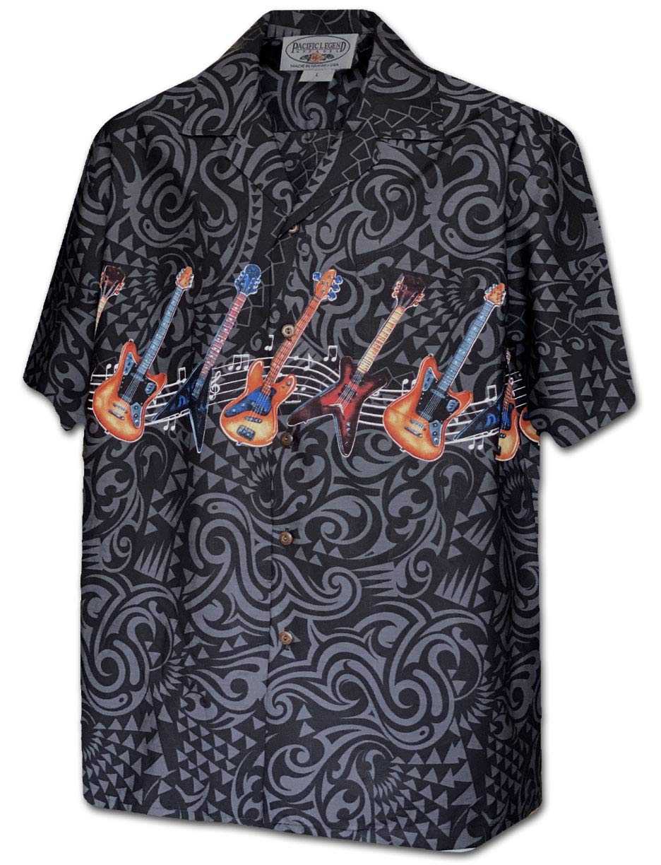 Pacific Legend Rock and Roll Guitars Men's Camp Shirts (XXX-Large, Black)