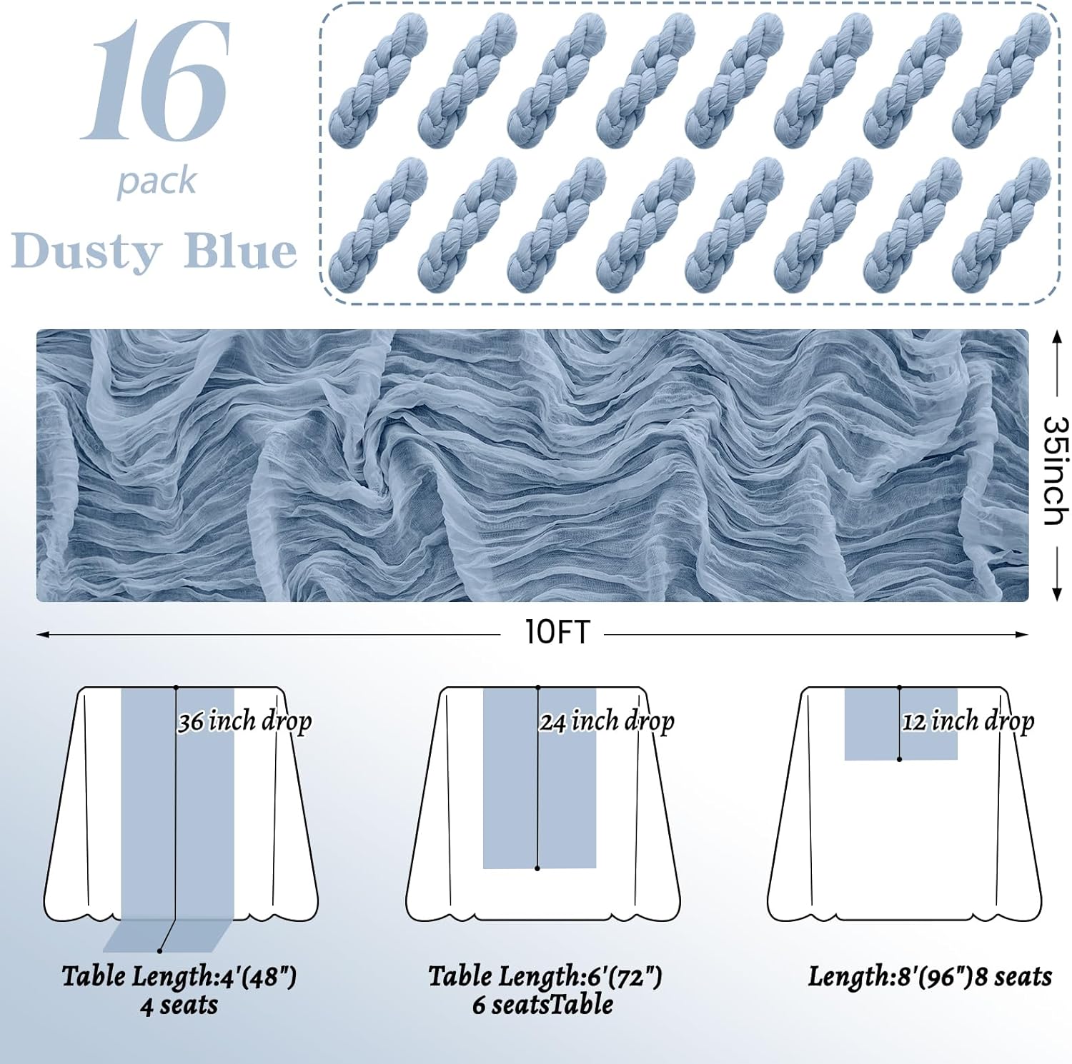 16Pack Dusty Blue Table Runner 10FT Dusty Blue Cheesecloth Table Runner 35x120Inch Long Boho Table Runners Rustic Gauze Table Runners for Party Wedding Bridal Shower Baby Shower Decorations