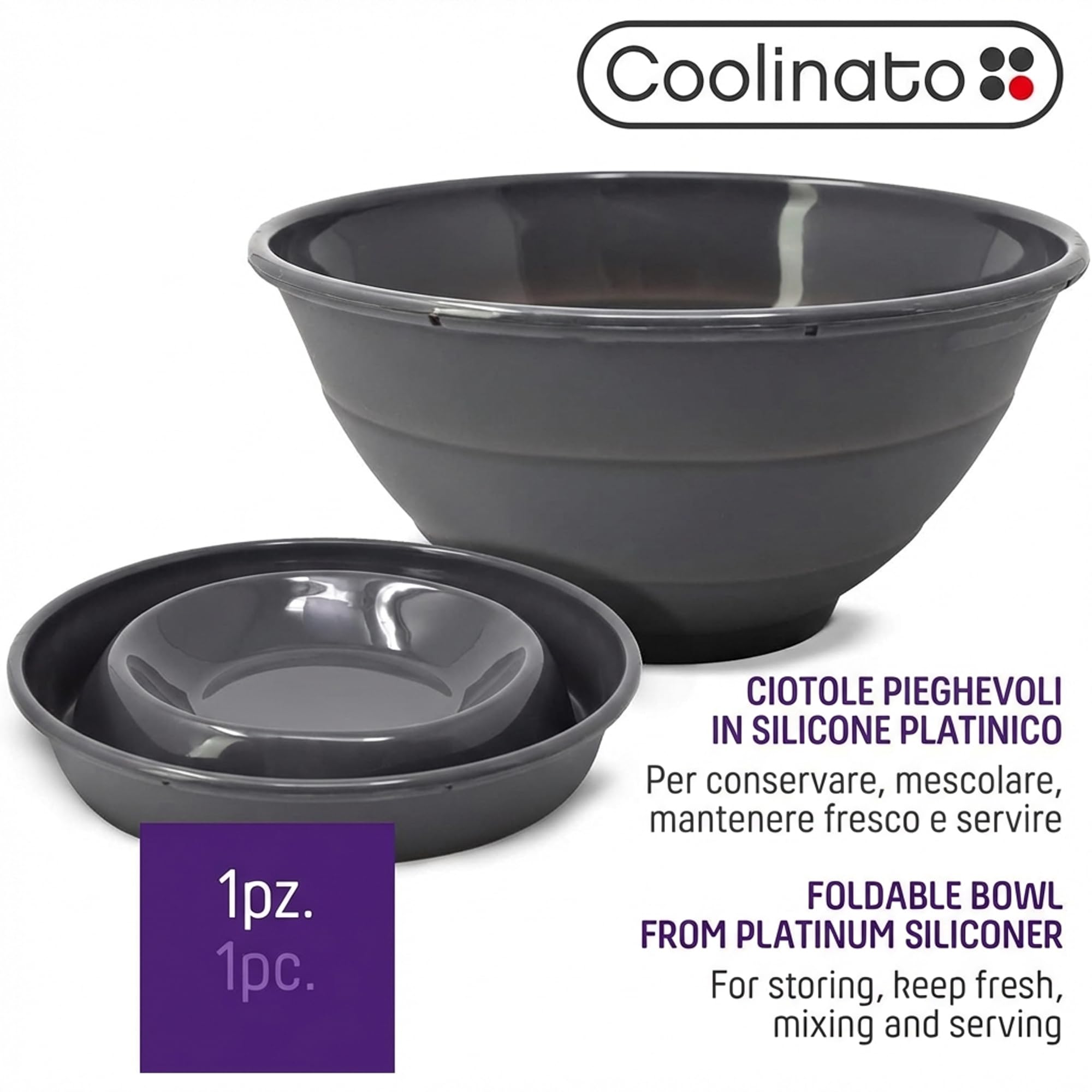 Coolinato - Ciotola pieghevole silicone platinico 24 cm grigio - Scodella richiudibile da campeggio per conservare, servire e mantenere fresco cibo - Resistente al calore e lavabile in lavastoviglie