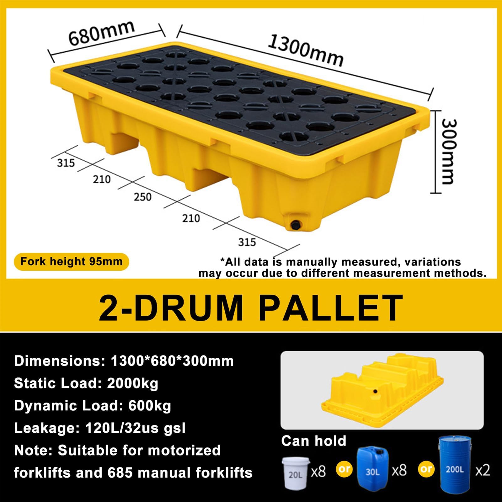 Pallet di contenimento delle fuoriuscite con uscita di scarico, design modulare a prova di perdite per fusti di olio e secchi di vernice di grande capacità