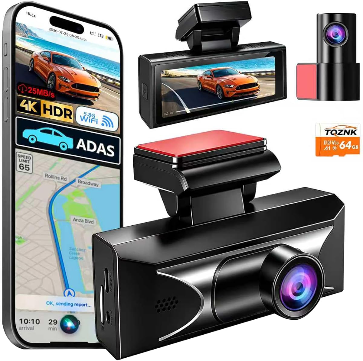 Cámara de salpicadero 4K delantera y trasera, 2.5k trasera, sensor HDR Night Vision G adas | Cámara de salpicadero Wi-Fi de 5.8GHz de 25MB/s, cámara de salpicadero IPS de 3"para automóviles con rastreo GPS,WDR, grabación en bucle, modo de estacionamiento 24H y tarjeta de 64 GB