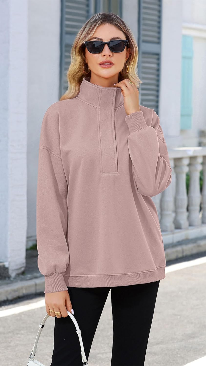 Soesdemo Oversized Sweatshirts for Women No Hood Mock Neck Fleece Lined Waffle Long Sleeve Button Pullover Tunic Sweatshirt - Image 2