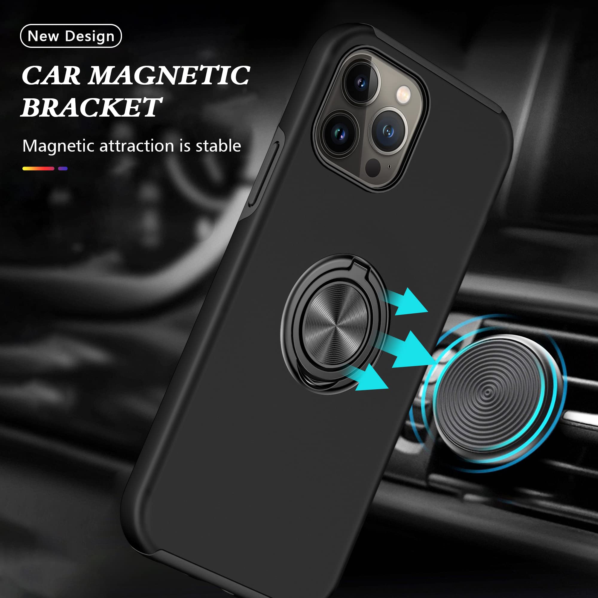 SORAKA Case for iPhone 14 Pro with Invisible Ring Holder and Metal Plate for Magnetic Car Mount Rigid PC Cover iPhone 14 Pro Case Military Grade Rugged Case Black