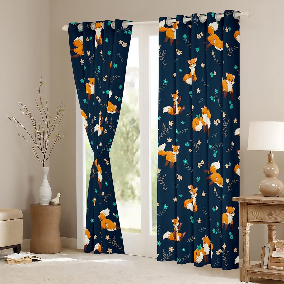 Loussiesd Fox Blackout CurtainKids Cute Woodland Foxes Curtain Boys Girls Floral Kawaii Animal Darkening Curtain Nature Window Drapes Dark Blue Bedroom W46*L54 - Image 3