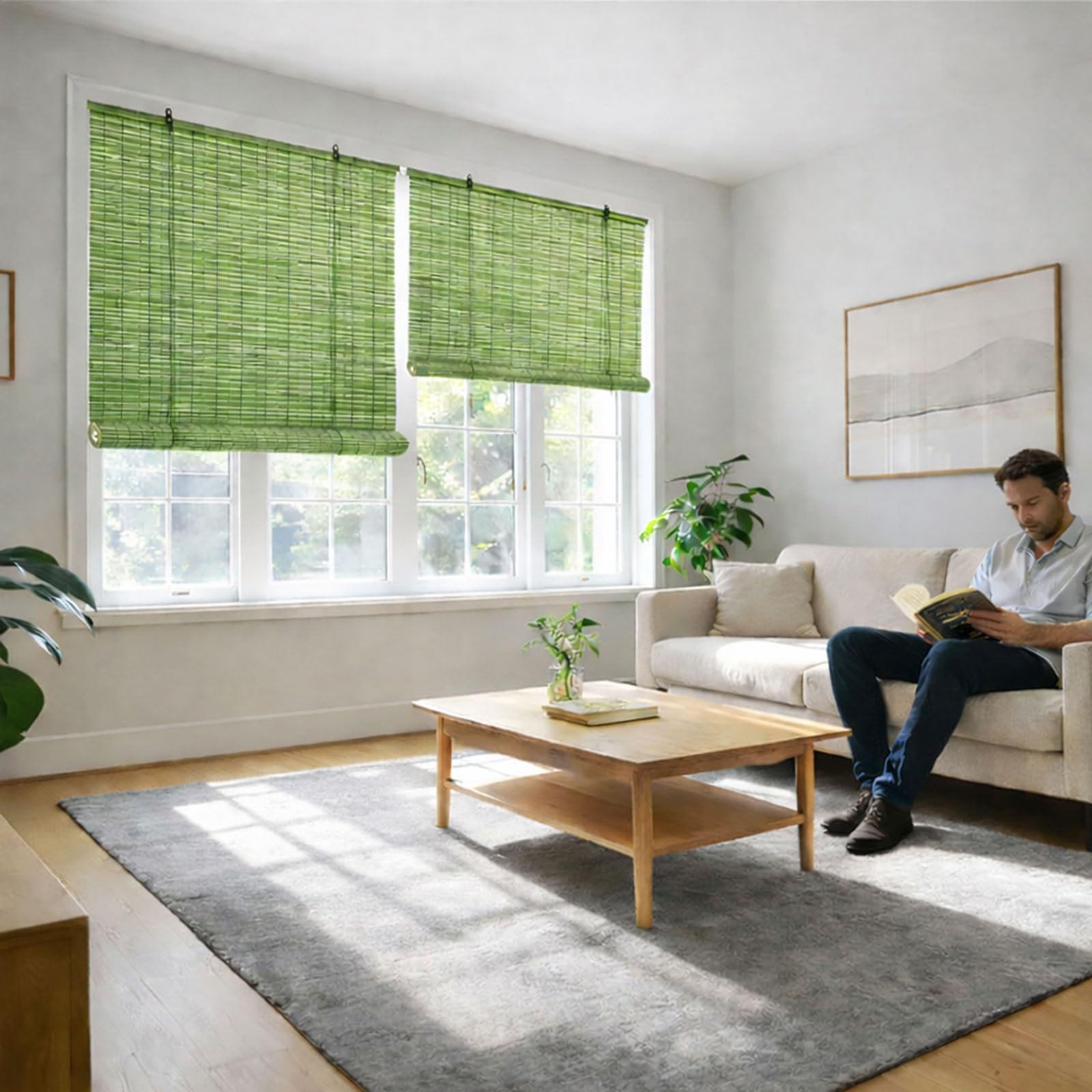 Grüne Bambusjalousien,Bambus-Rollo Natur,Sonnenschutz Bambusrollo Für Außen/Innen,Jalousine 60% Sonnenschutz Sichtschutz Rollo 90 95 105 115 120cm Breite Bambus Rollo Für Fenster(W100xH200cm/39x79in)