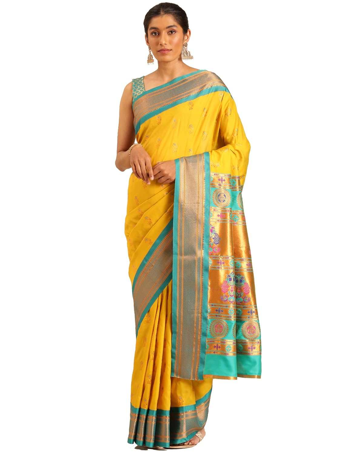 Varkala Silk Sarees Women's Kadiyal Soft Silk Pheshwai Nath Paithani Saree With Blouse Piece