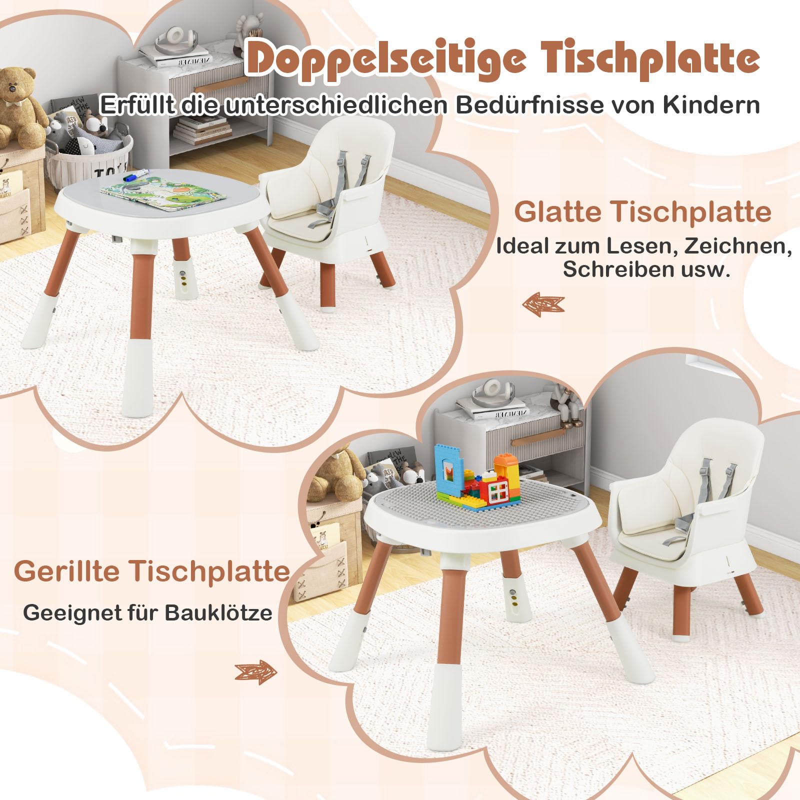 COSTWAY Hochstuhl Baby 16 in 1, Kinderhochstuhl & Spielzeugtisch & Bausteinbrett & Kinderstuhl & Sitzerhöhung mit abnehmbarem Tablett, 5-Punkt-Gurt & Korb, Babystuhl für Kinder ab 6 Monate (Weiß)