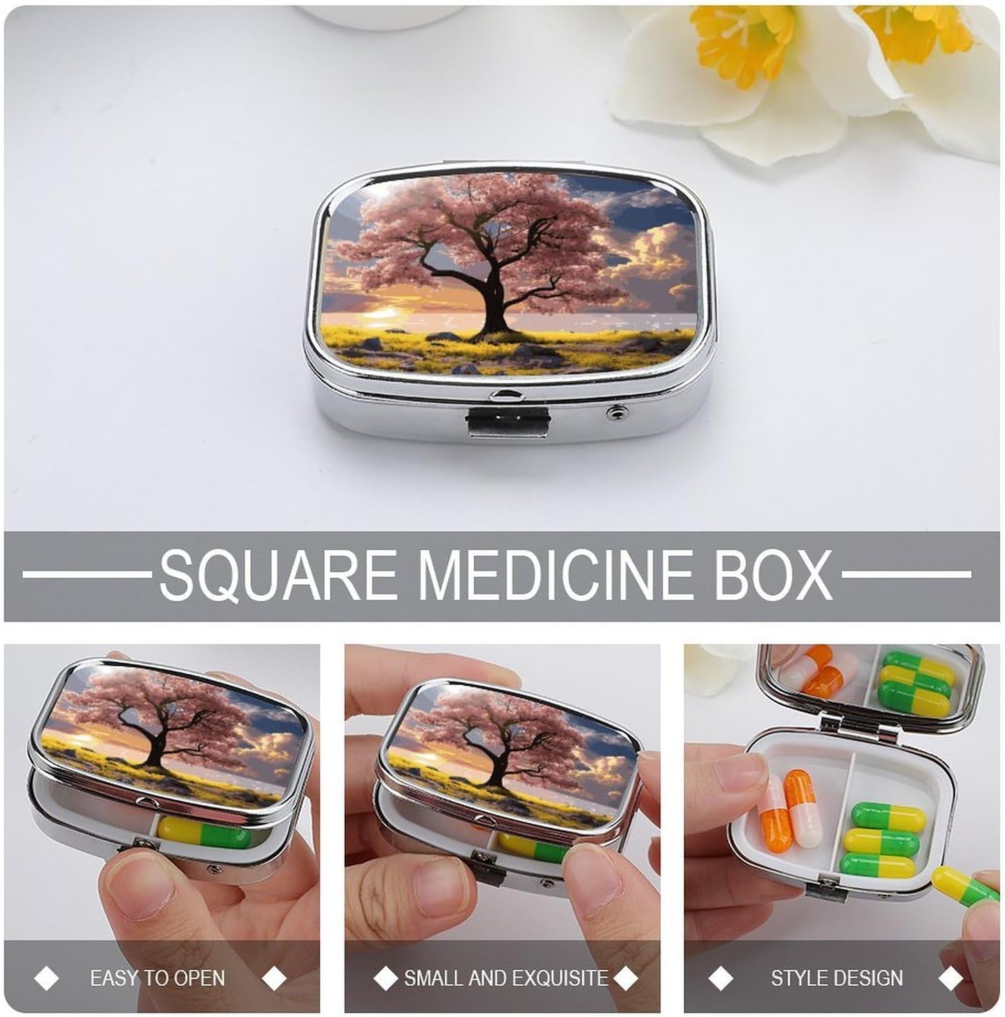 Tree Square Pill Box with 2 Compartment & Mirror image 4