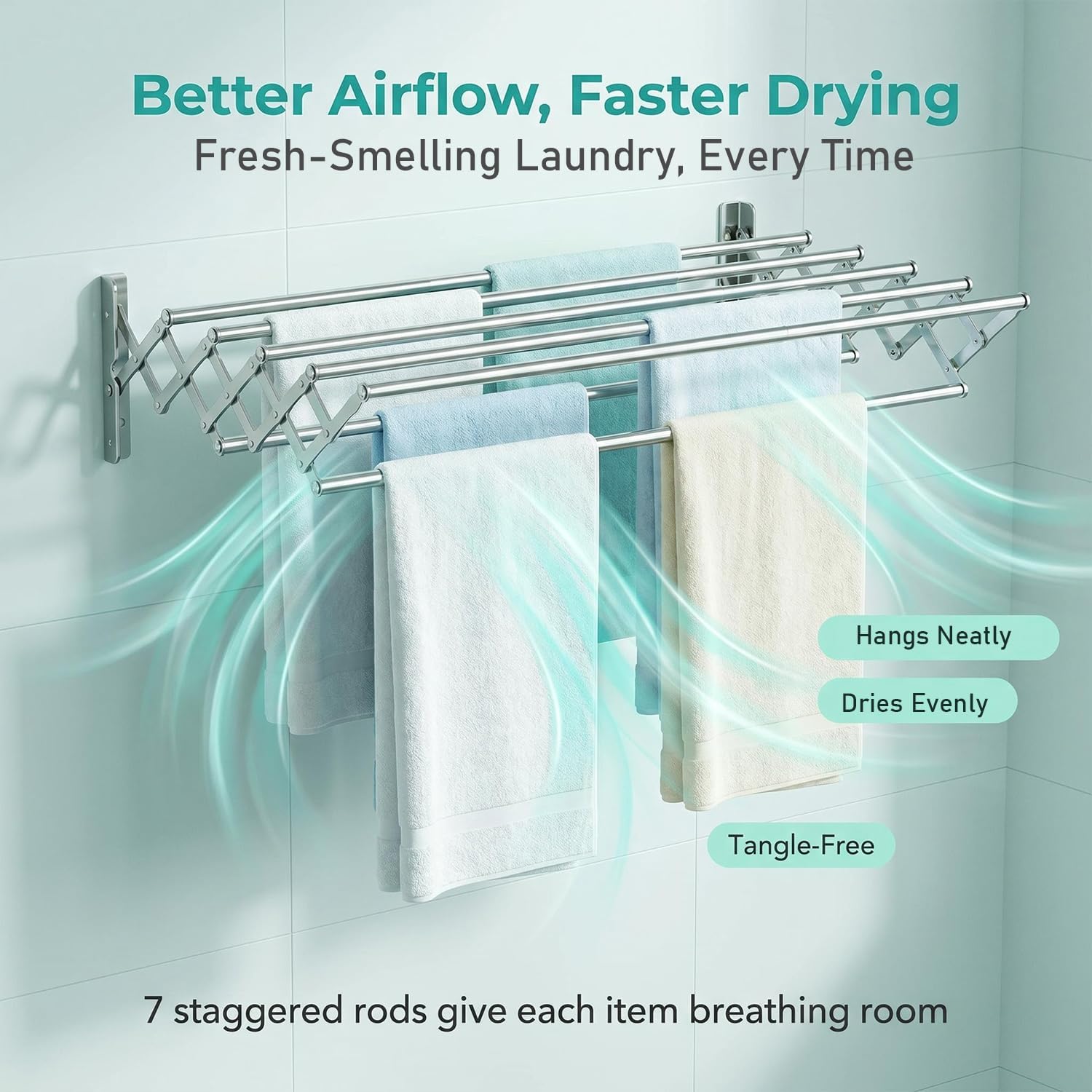 PureBox Wall Mount Drying Rack for Laundry Room, Retractable Stainless Steel Towel Bar, Collapsible Accordion Clothes Dryer, Space Saving Wall Mounted Laundry Rack for Bathroom, Balcony & RV