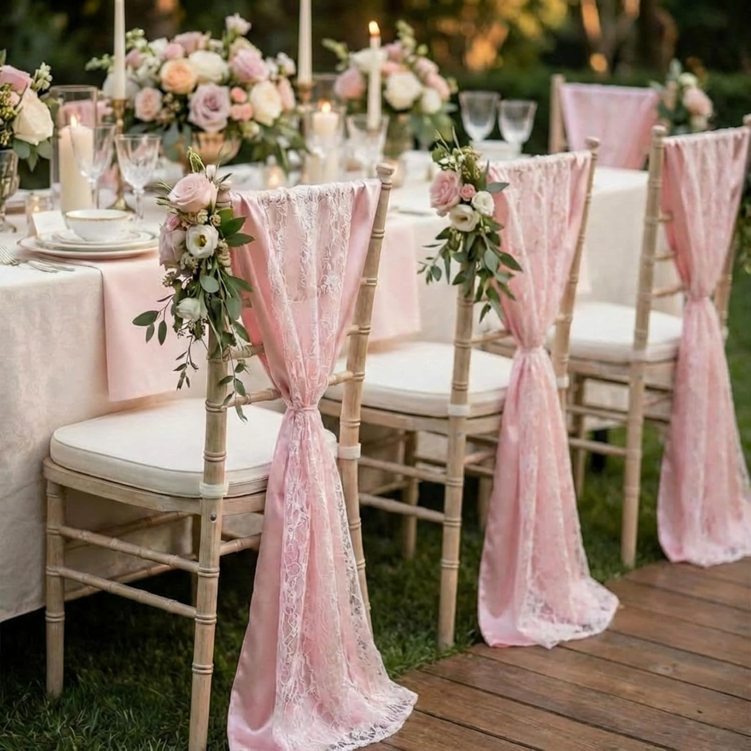 VitalCozy 50 Pcs Lace Stain Chair Sash for Wedding 25 Pink Satin Chair Bows and 25 White Lace Overlay Sashes, 7 x 108 Inch for Banquet Anniversary Party Restaurant Event Decor Cover Belt