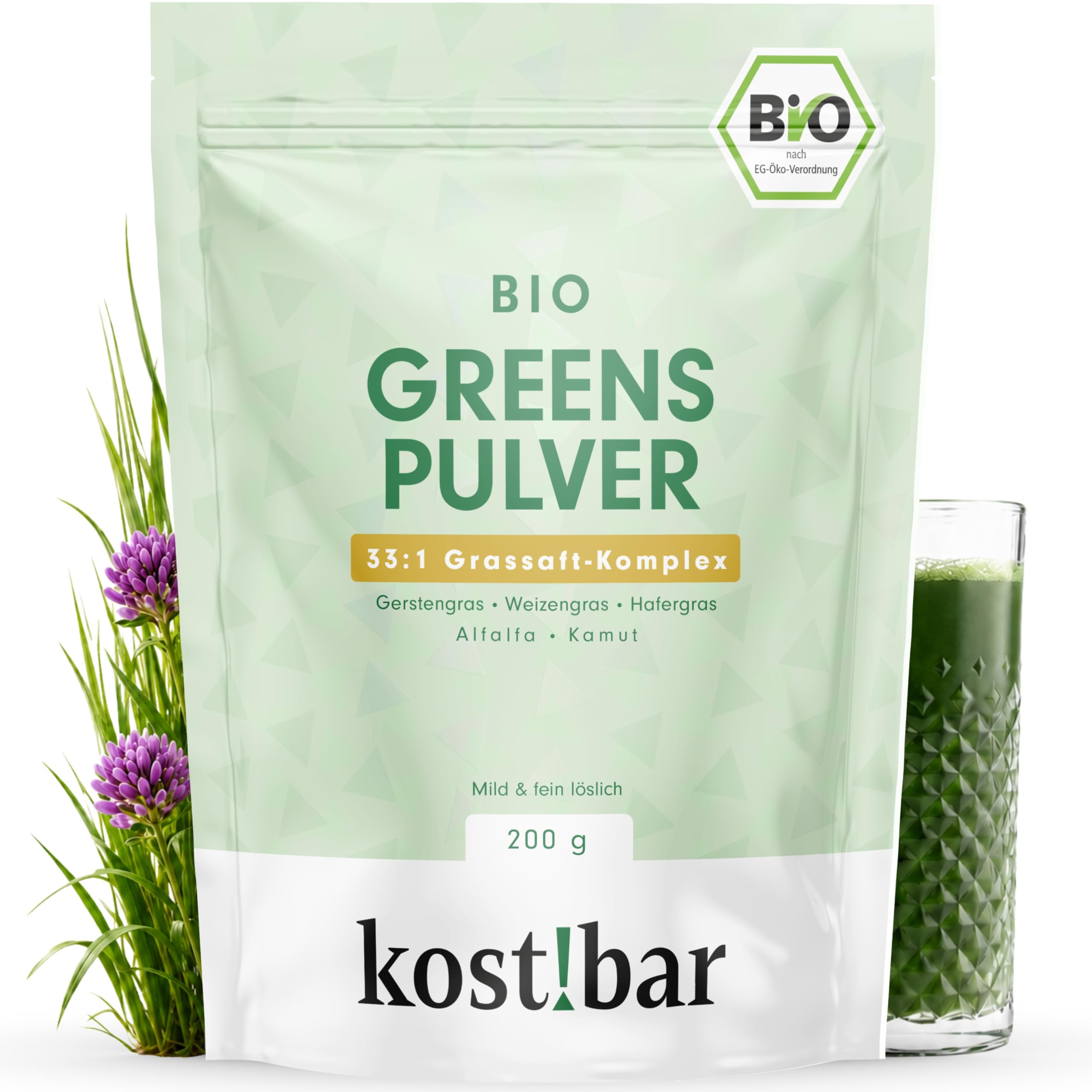 kost!bar BIO Greens Pulver [60 Portionen] - 5 Premium Grassaftpulver - 33:1 konzentriert - Vitamin A, D, B9, B12 & Kalium - Alternative zu Gerstengras Pulver - fein löslich, mild & glutenfrei