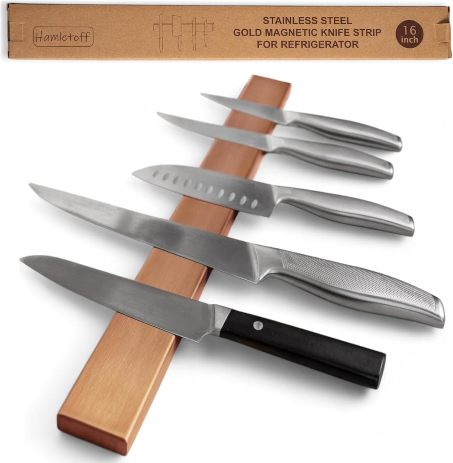 Golden Magnetic Knife Holder for Fridge – 16 Inch Professional Double Sided Magnetic Knife Holder for Refrigerator - Stainless Steel Magnetic Knife Strip for Wall Self Adhesive