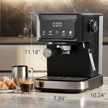 Kndko Espresso Machine, 15 Bar Digital Espresso Maker, Milk Frother Steam Wand for Latte & Cappuccino, Compact Coffee Machine, 1.5L Removable Water Tank, 2 cups dual-stainless steel filter