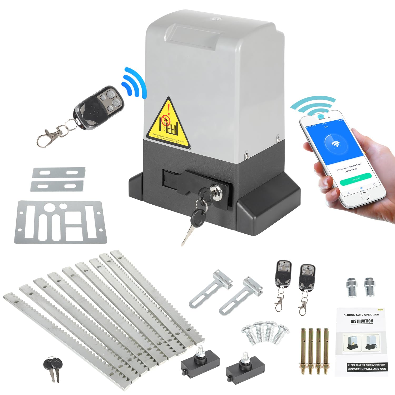 Motore per cancello scorrevole, 370W, modello WiFi-Bluetooth, con telecomando, apri-cancello per cancelli fino a 800 kg, cremagliera da 4 metri