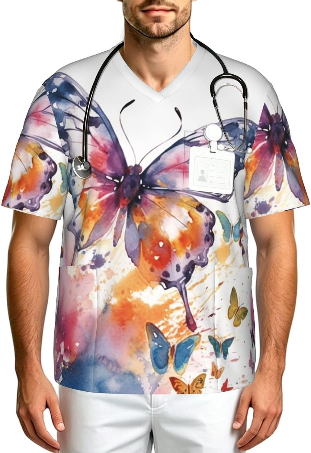 Professional Scrub Tops for Men, Classic V-Neck Workwear with 3 Pockets