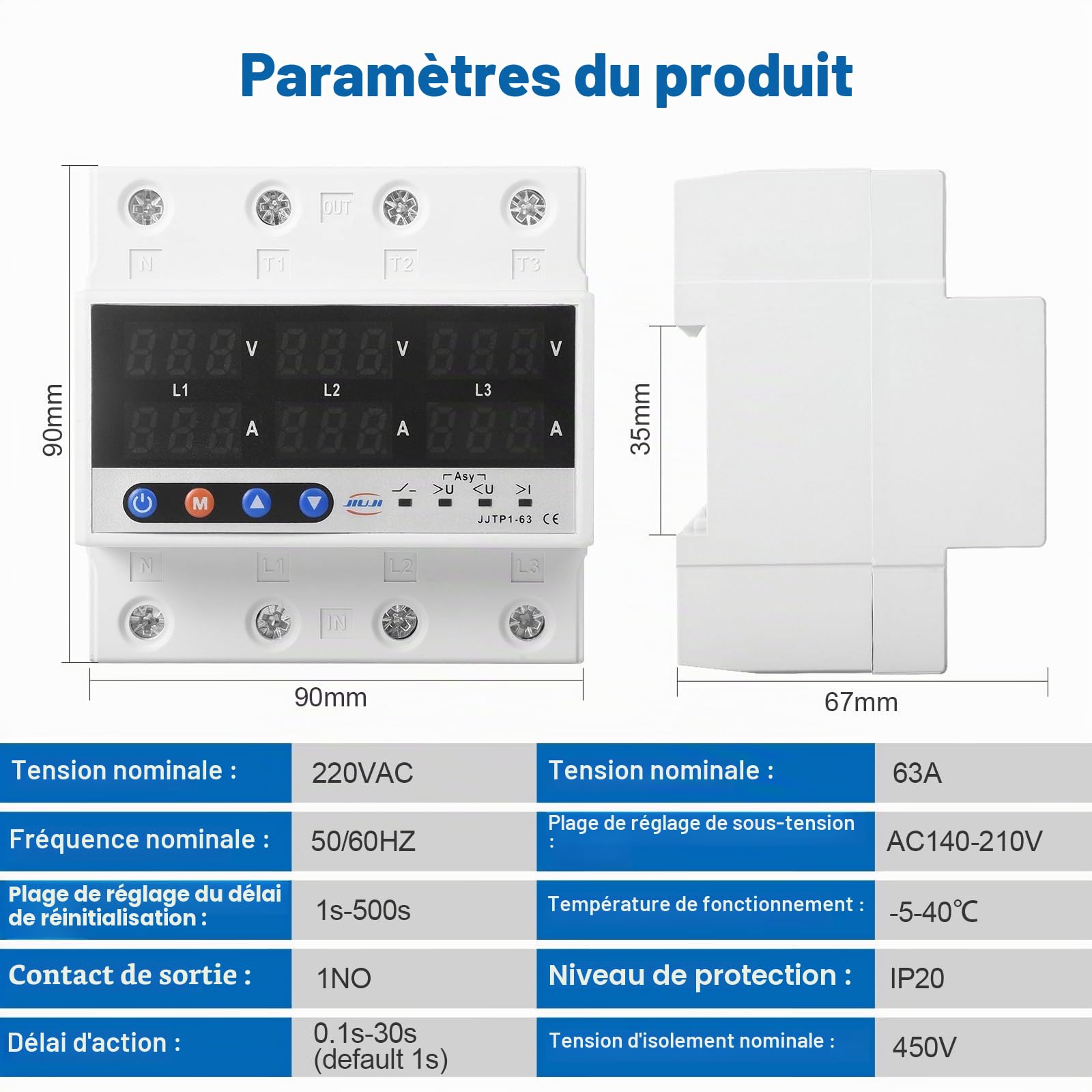 DEWIN Protecteur de Courant de Tension, Voltmètre Ampèremètre à Rail DIN Triphasé Relais de Surtension et de Sous-tension 63A AC 220V