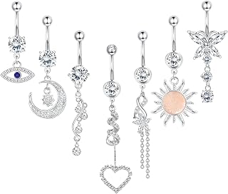 Fake Belly Ring for Women Dangle Fake Belly Piercing CZ Evil Eye Heart Moon Dangling Navel Rings Belly Button Non Piercing Jewelry Clip on Belly Button Rings