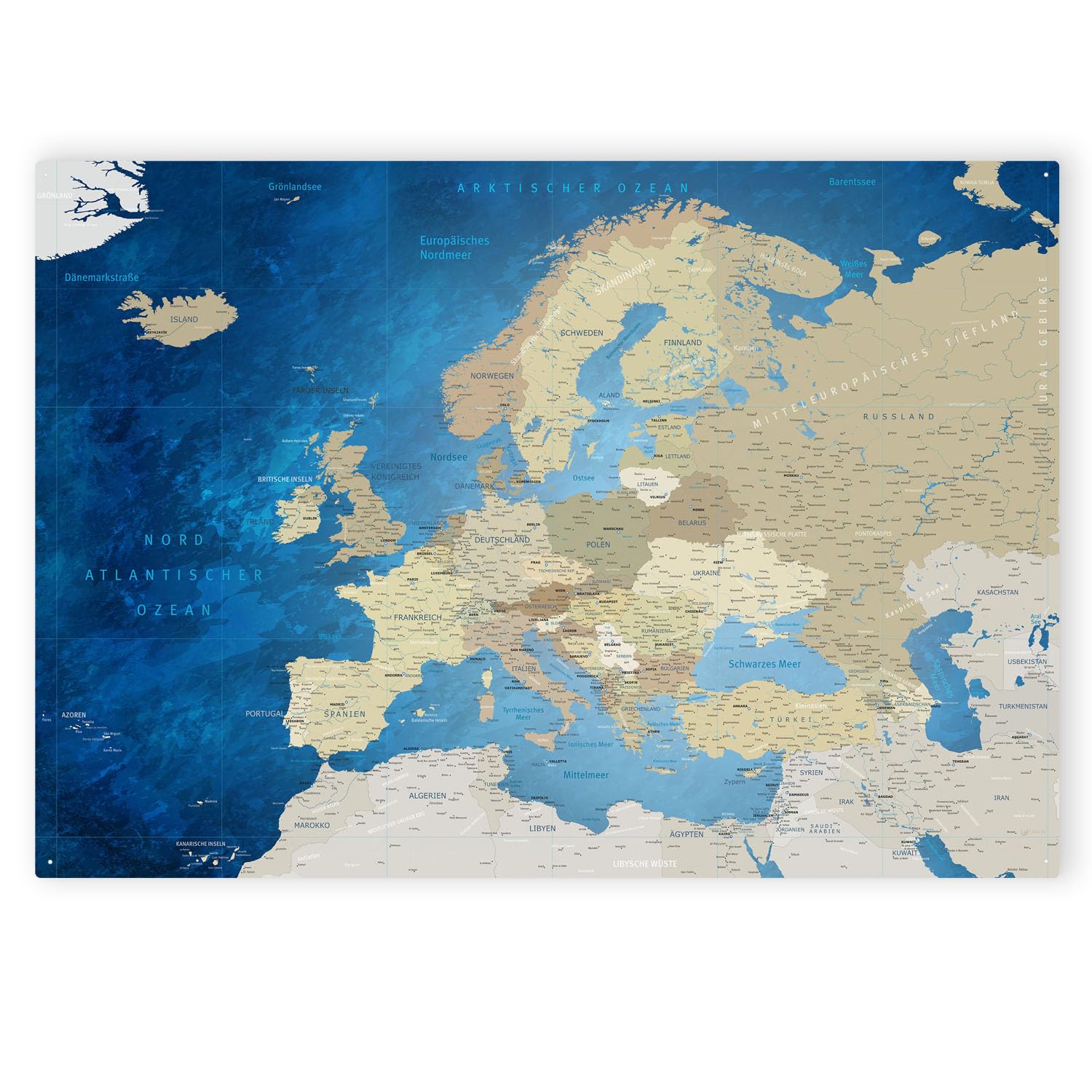 LANA KK - Magnetisches Blechschild Europakarte - Deutsch, zum markieren mit Magneten inkl. Starterkit - Magnetboard Wandbild Landkarte XXL (Meerestiefe, 100 x 70 cm)
