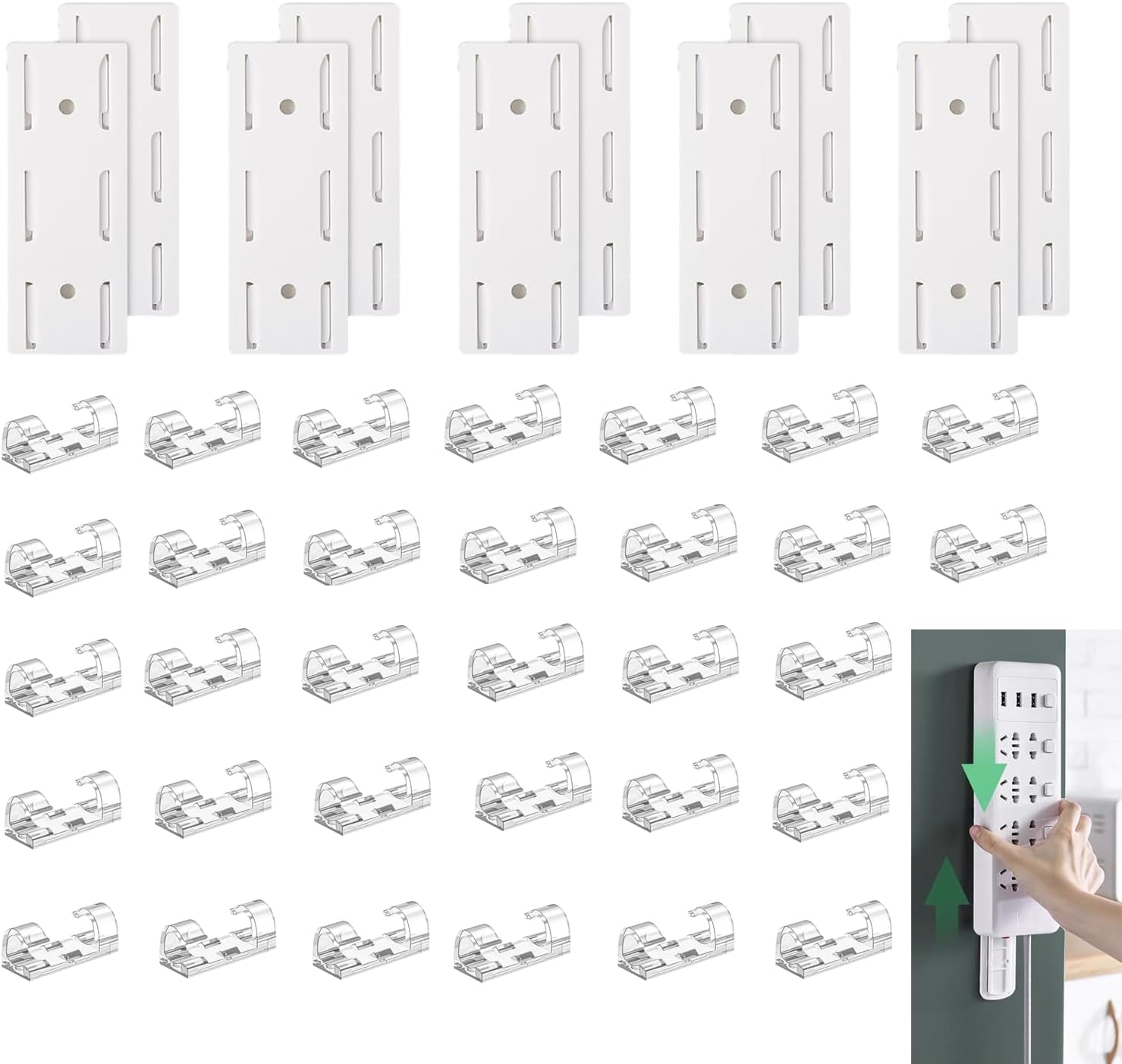 Socket Fixing kit, no-Drill self-Adhesive, 10 Power Strip Brackets （5 Sets） and 60 Cable clamp Kits, Easy to Install, no Additional Tools Required, and widely Applicable. (White, Standard)