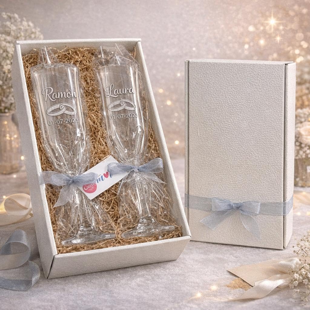 Copas de Boda Personalizadas para Novios con Corazón – Copas de Champán Grabadas con Nombre y Fecha – Copas Brindis Boda – Regalo para Novios con Estuche